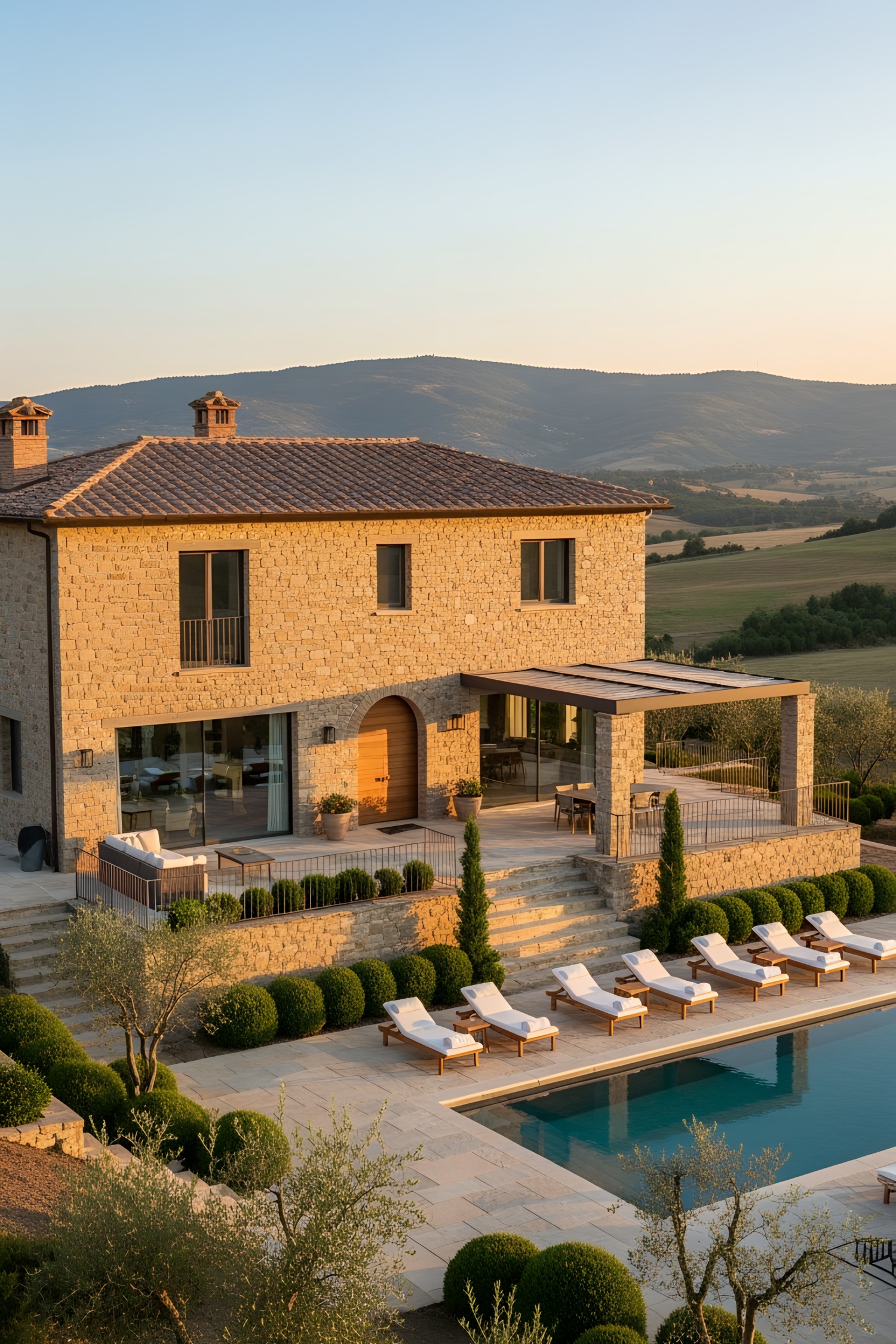 Modern Tuscan villa with lush hillside view
