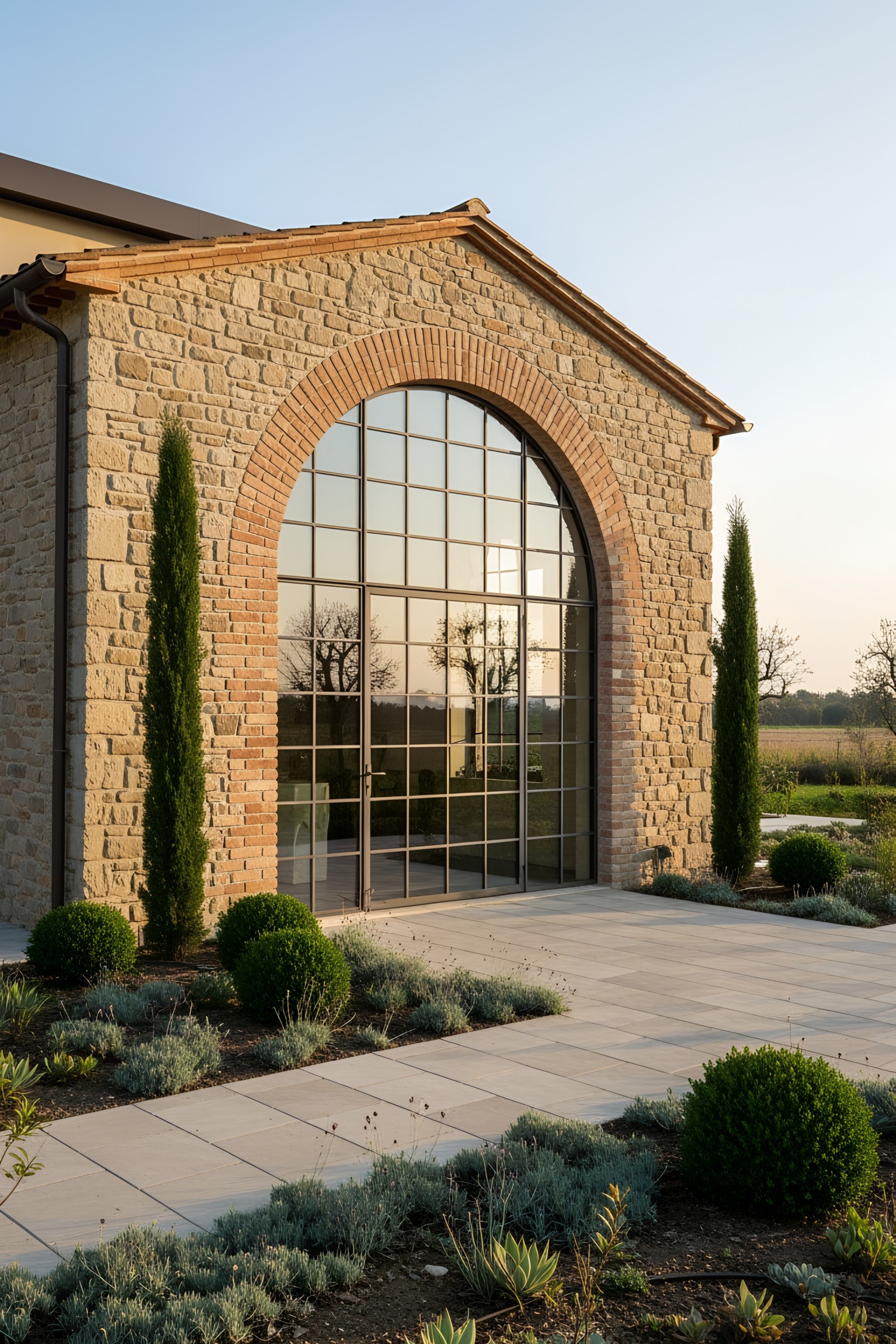Modern Tuscan villa with large arched window and stone facade