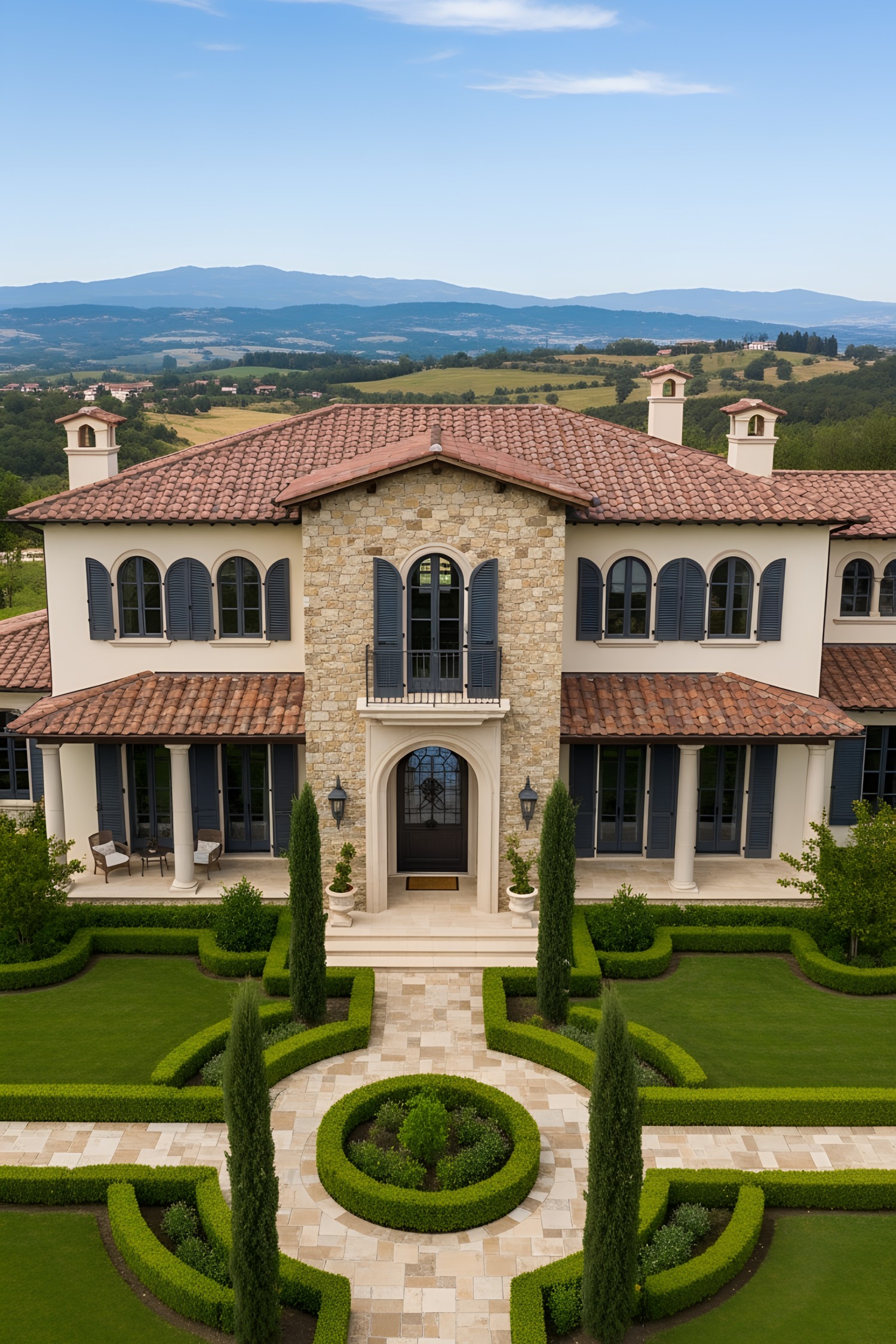 Modern Tuscan villa with stone facade and lush garden