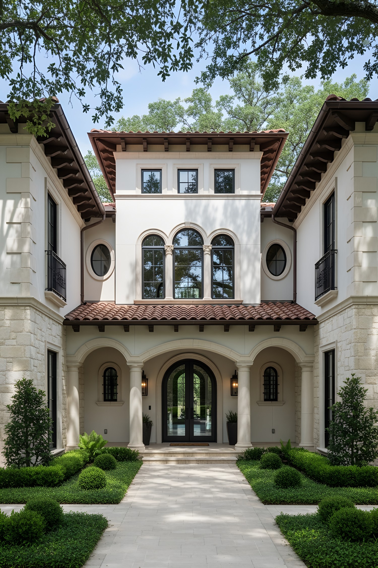 Modern Tuscan villa with arches and a red-tiled roof
