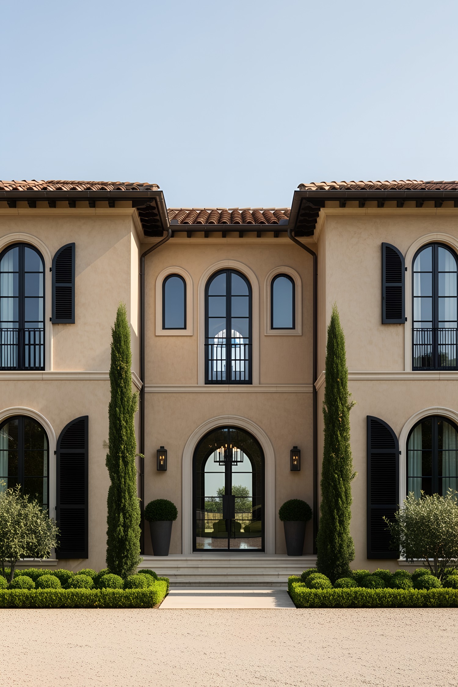 Modern villa exterior with arched windows and green accents