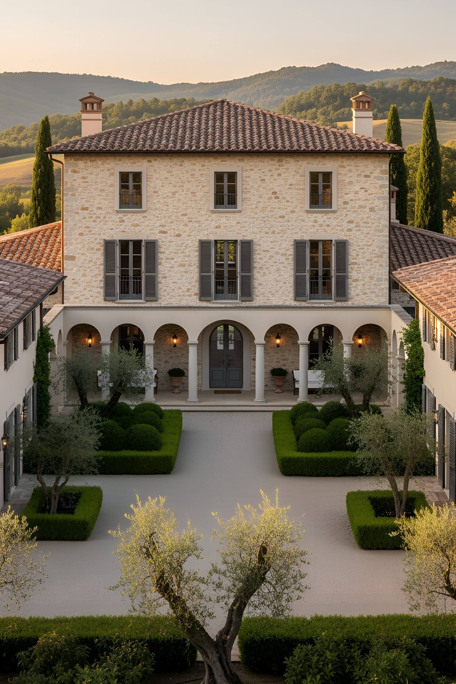 Stone villa surrounded by lush landscaping