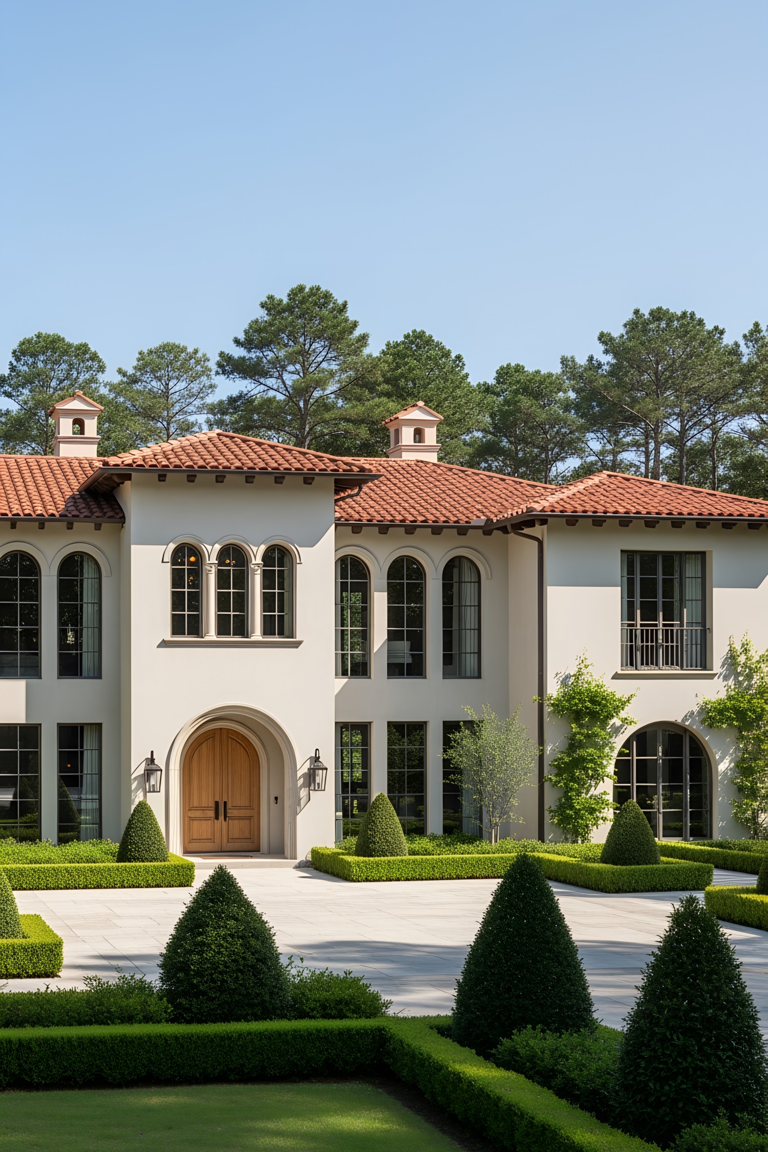 Modern Tuscan villa with red roof and arched windows