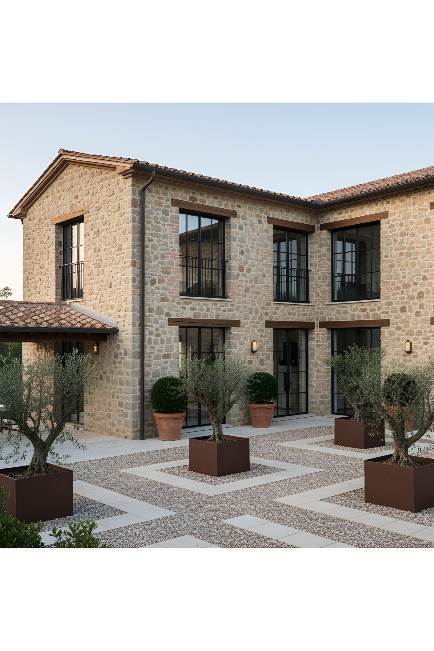 Exterior of a stone villa with large windows and potted trees