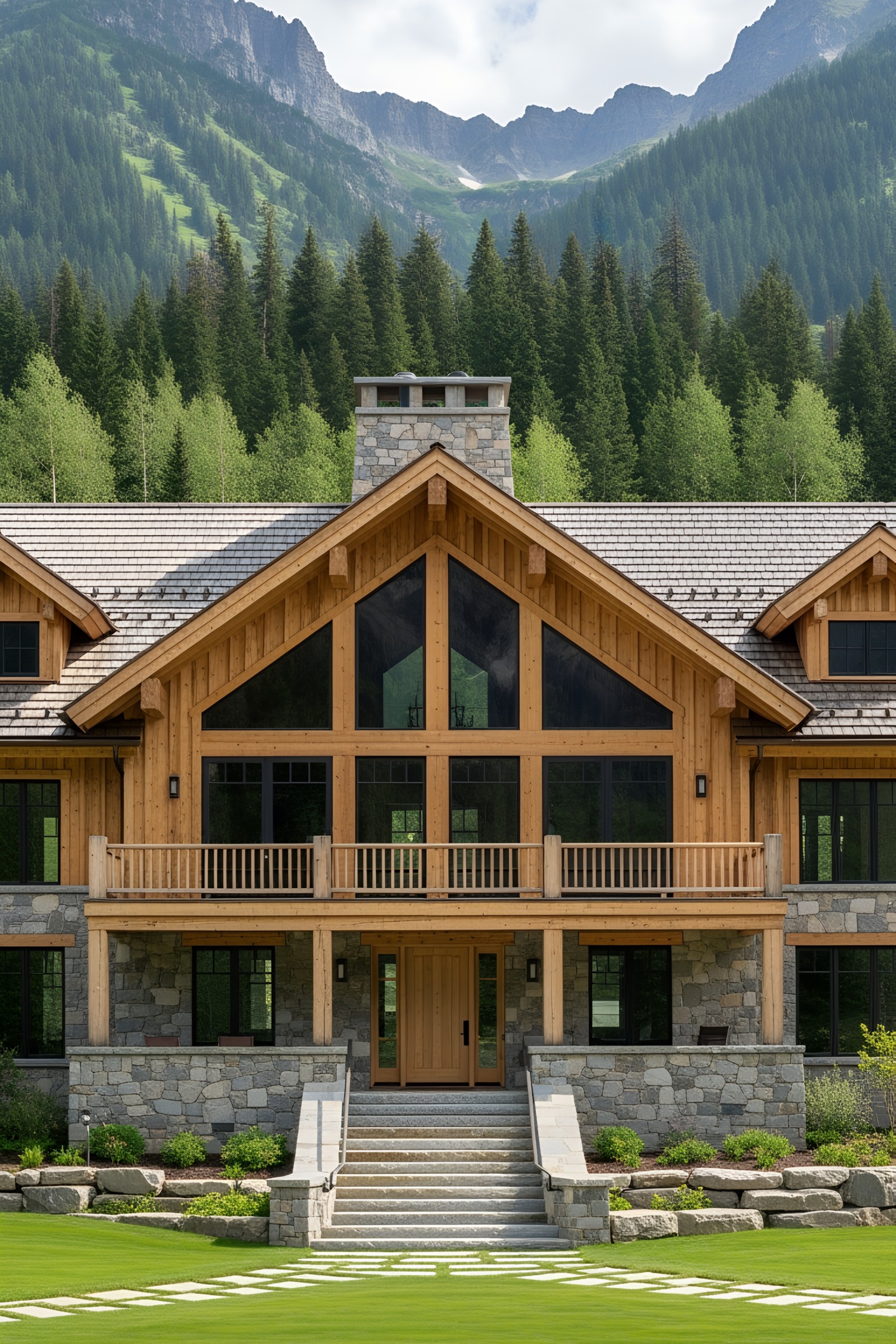 Rustic lodge with mountain backdrop