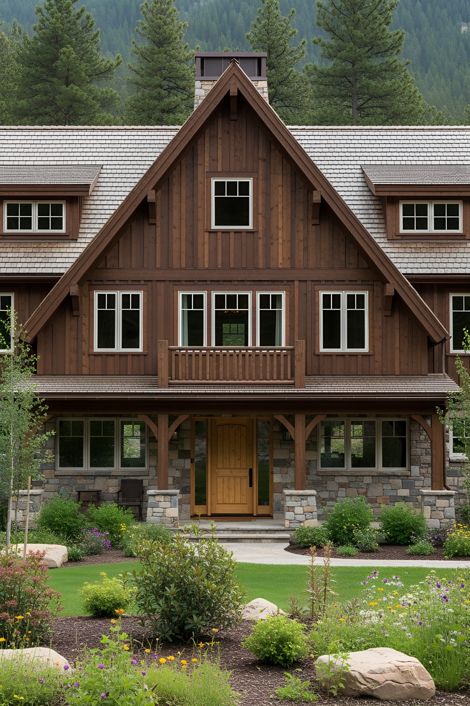 Charming lodge with stone base and wooden upper story