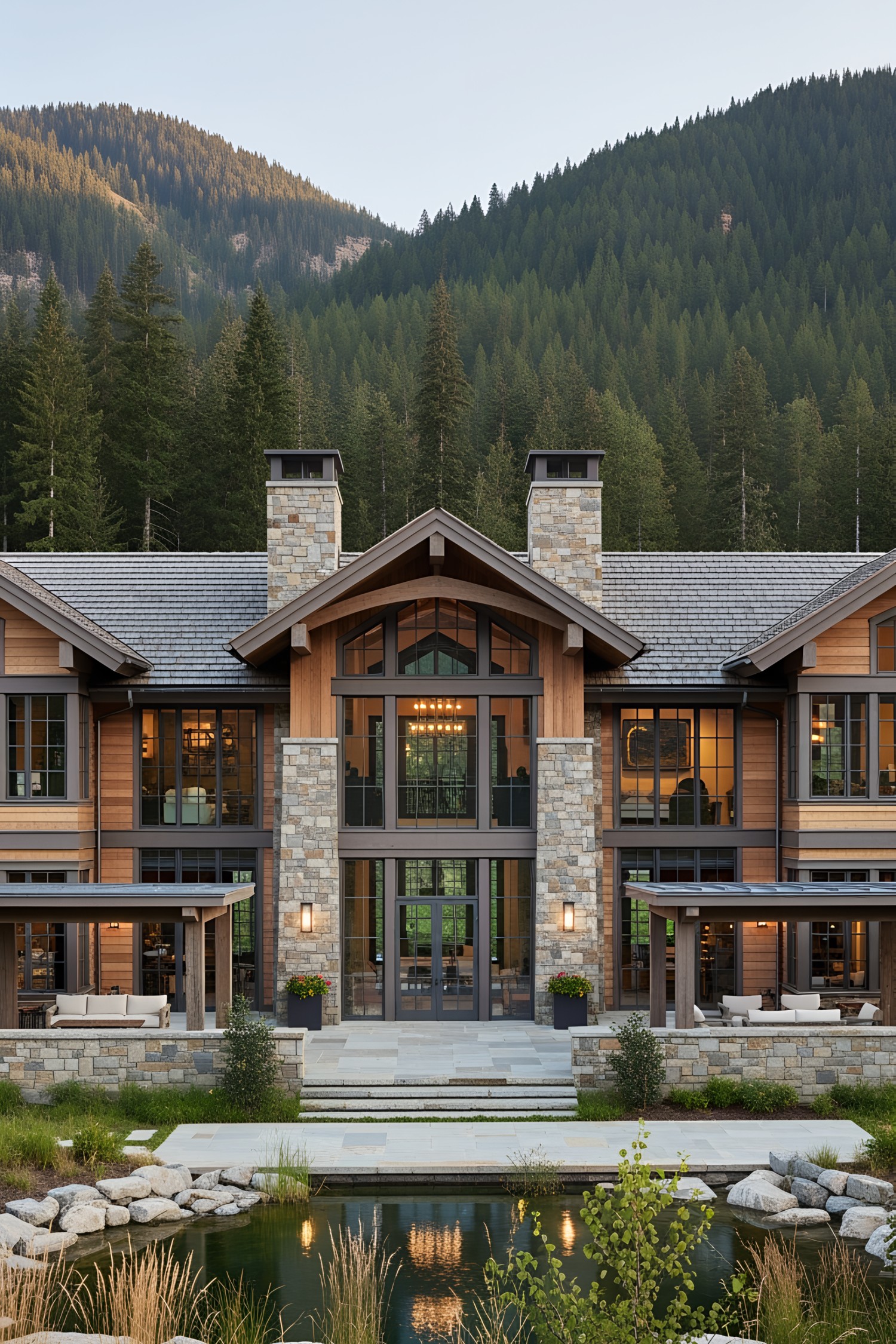 Mountain lodge with stone and wood architecture