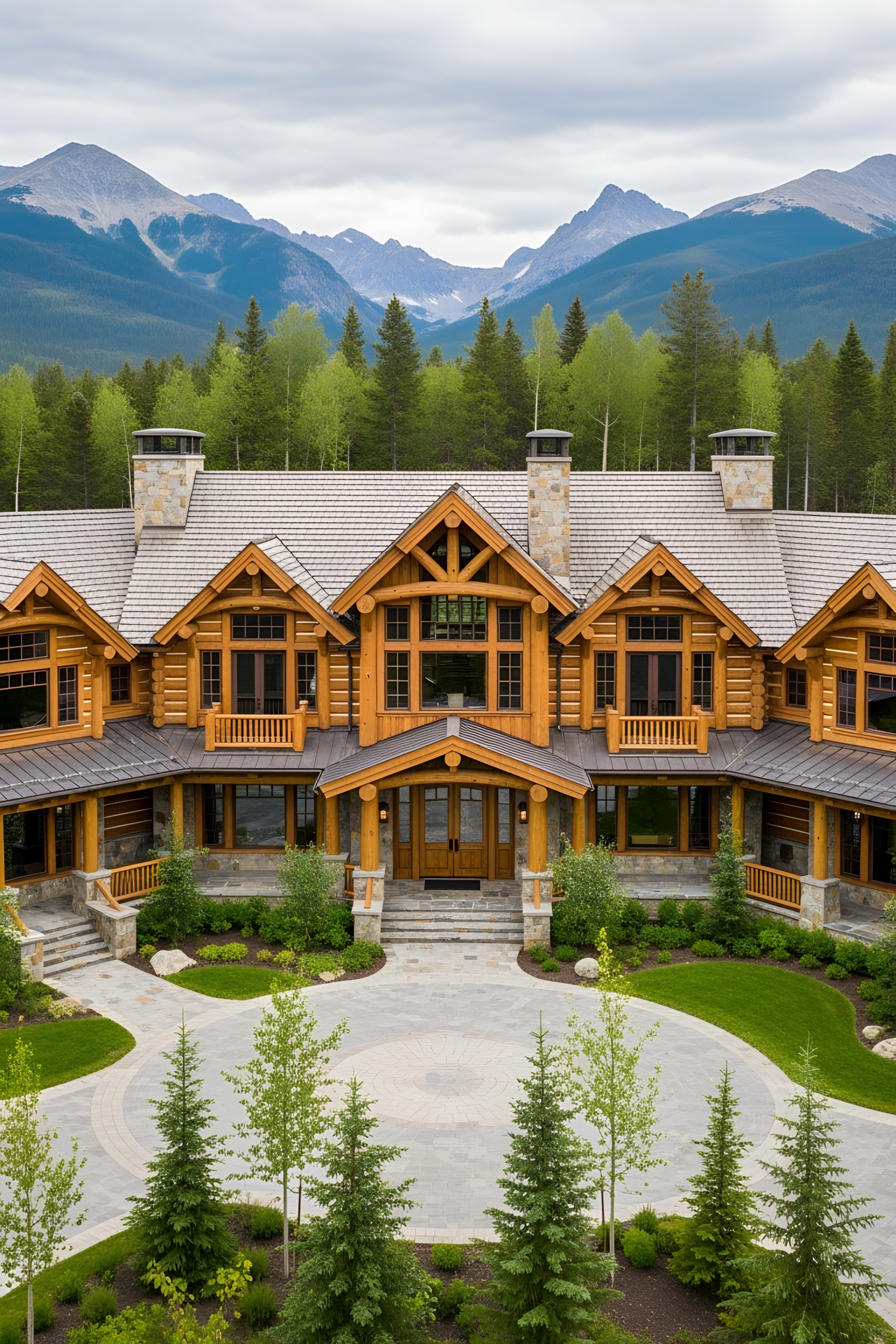 Wooden lodge with majestic mountains and vibrant forest backdrop