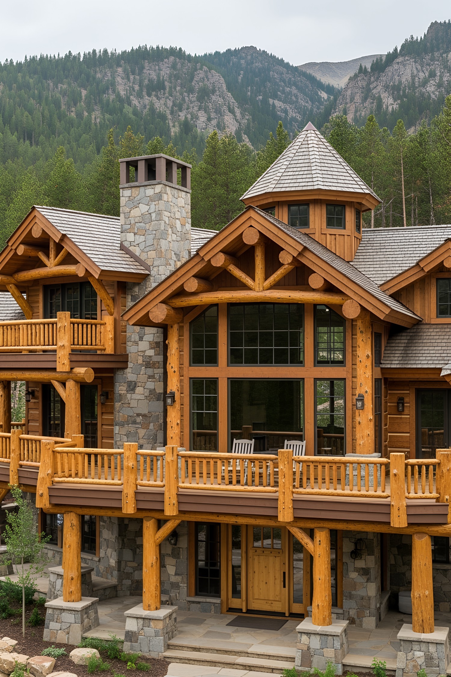 A cozy mountain lodge with timber and stone accents