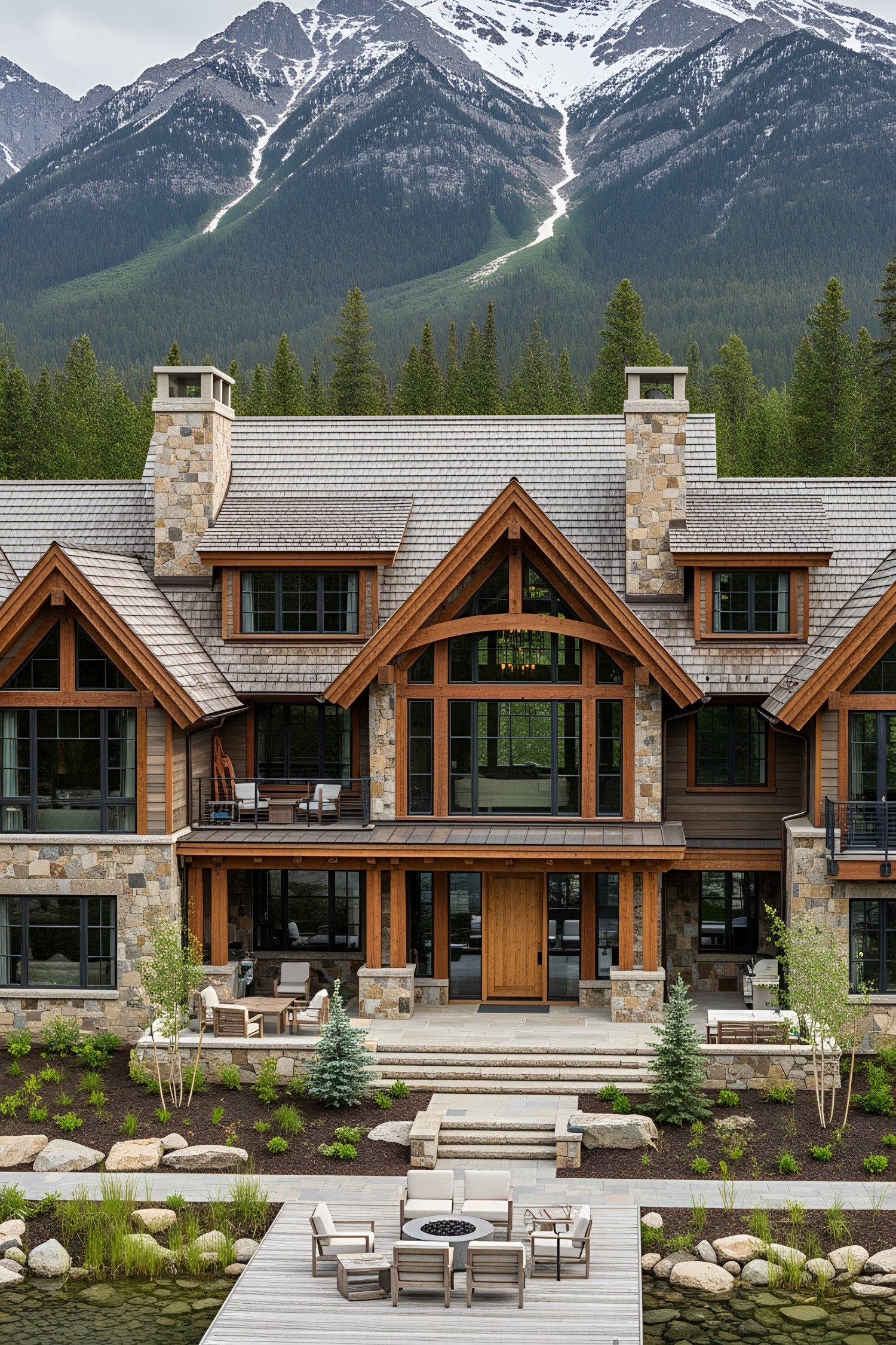 Charming lodge nestled against towering mountains