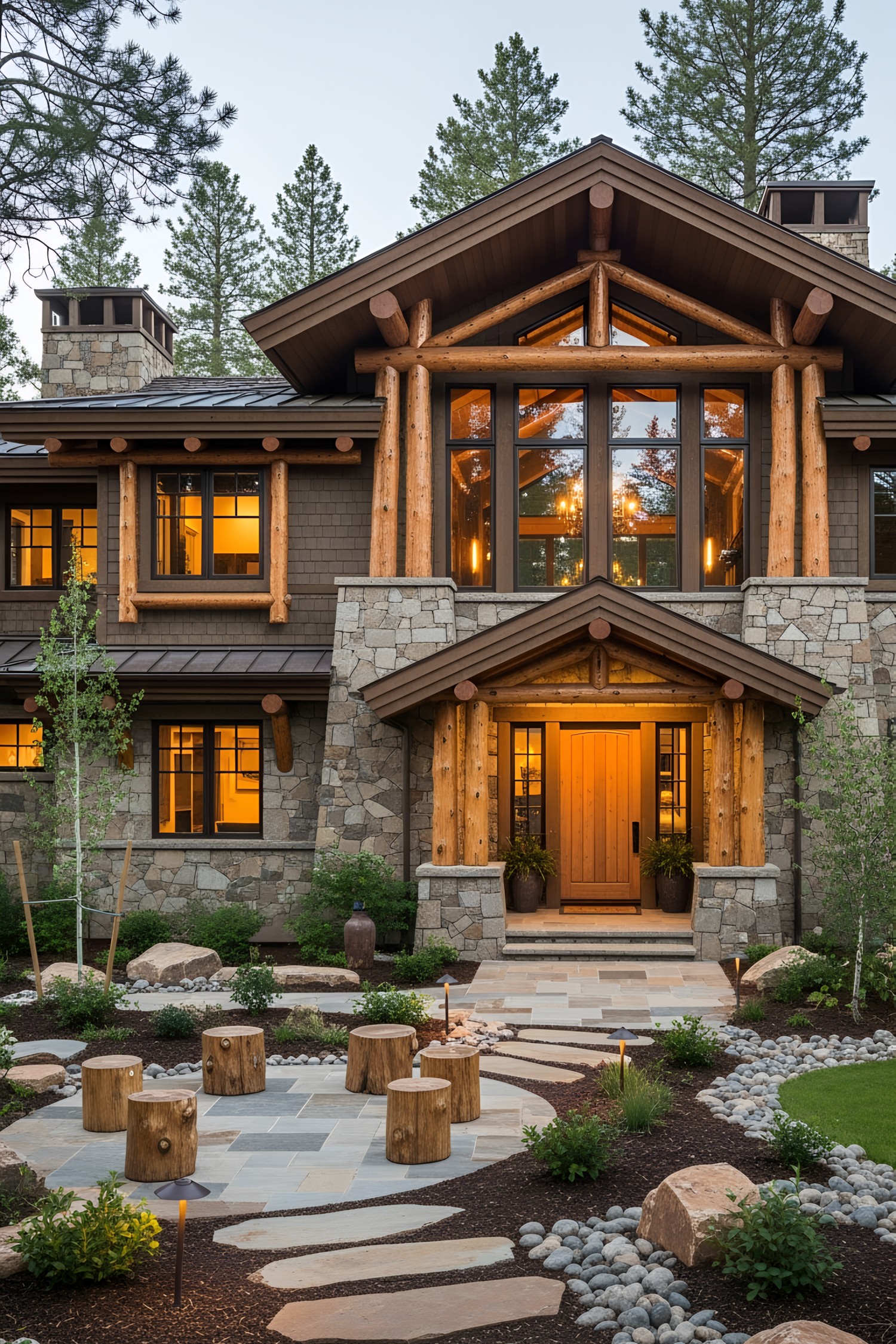 Rustic mountain lodge with wooden accents and stone elements