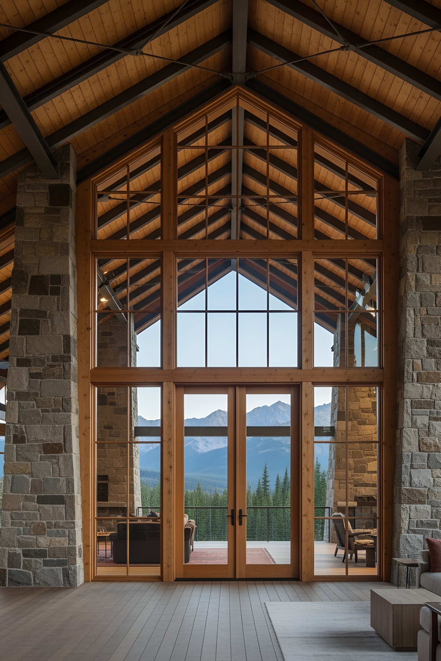 Large wooden framed windows with mountain view