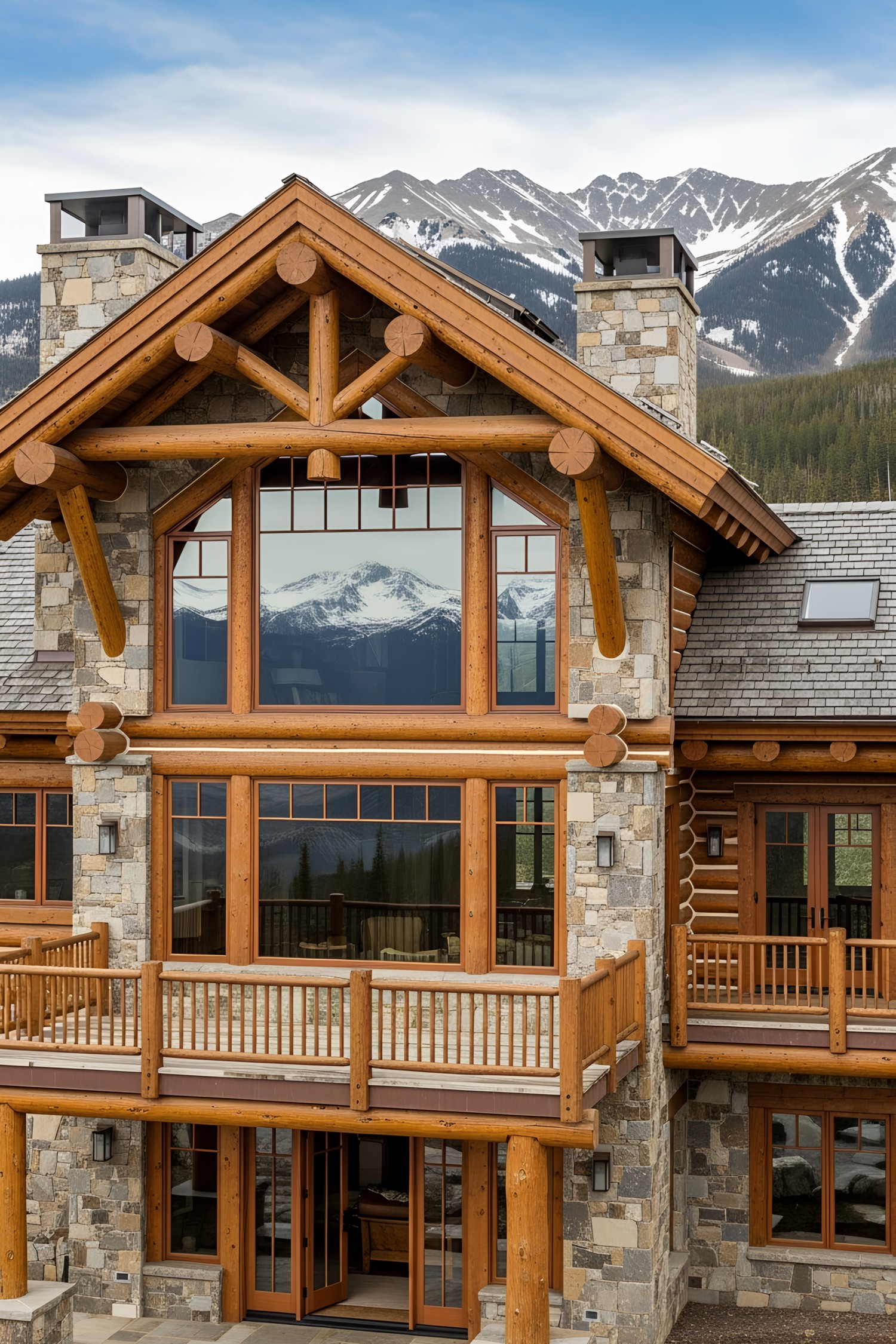 Stately stone lodge with towering mountain backdrop