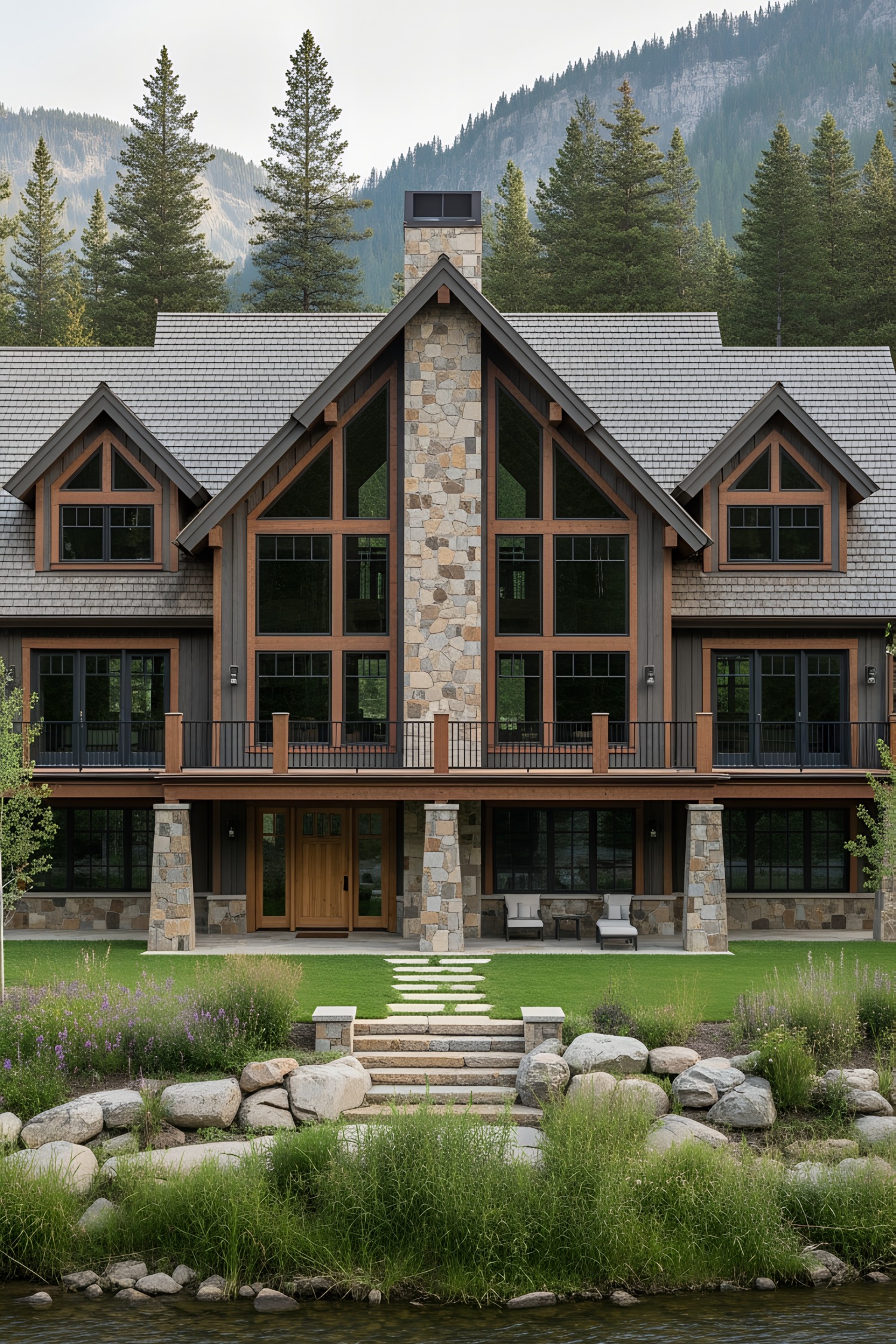 Mountain lodge set against a forested backdrop