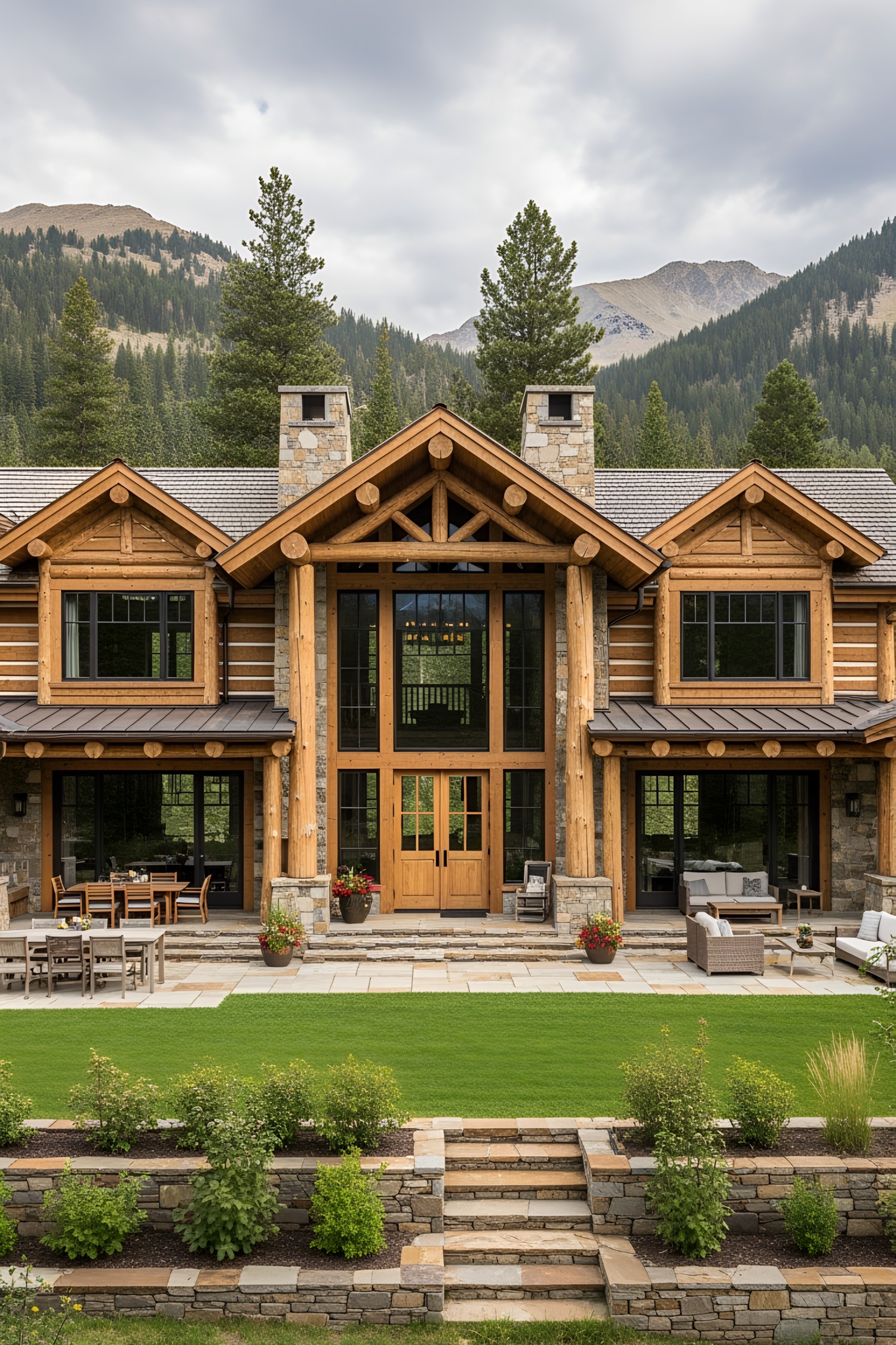A cozy lodge blends seamlessly with mountain scenery