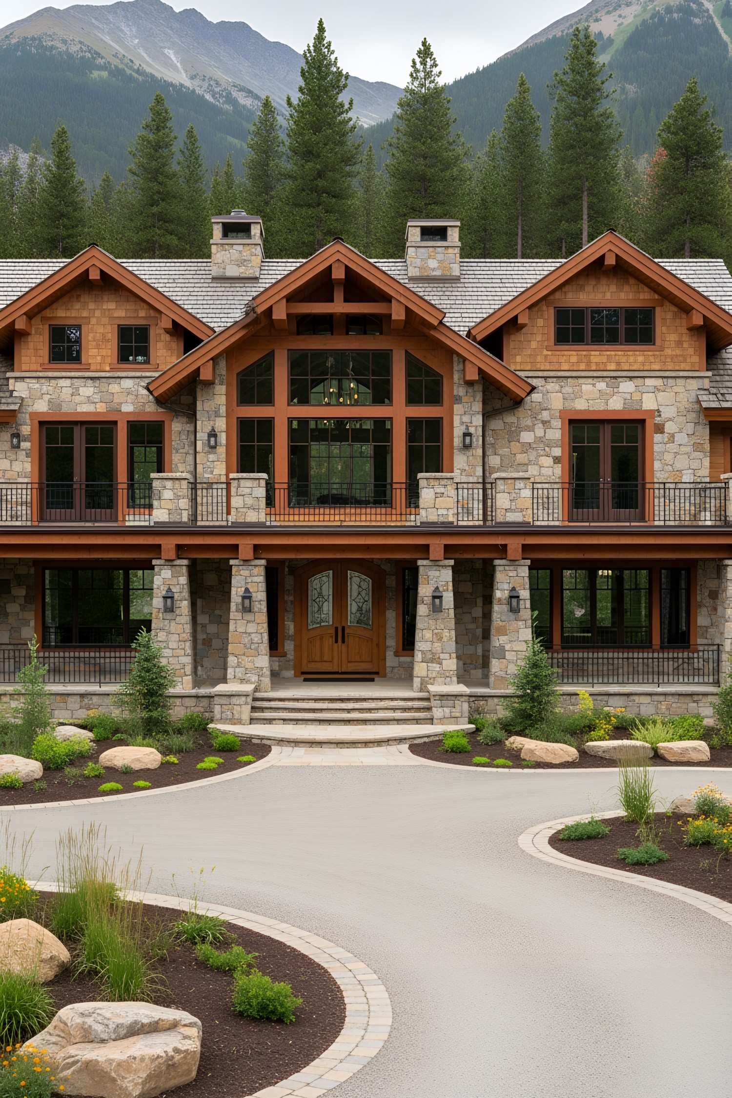 Grand stone lodge with lush mountain backdrop