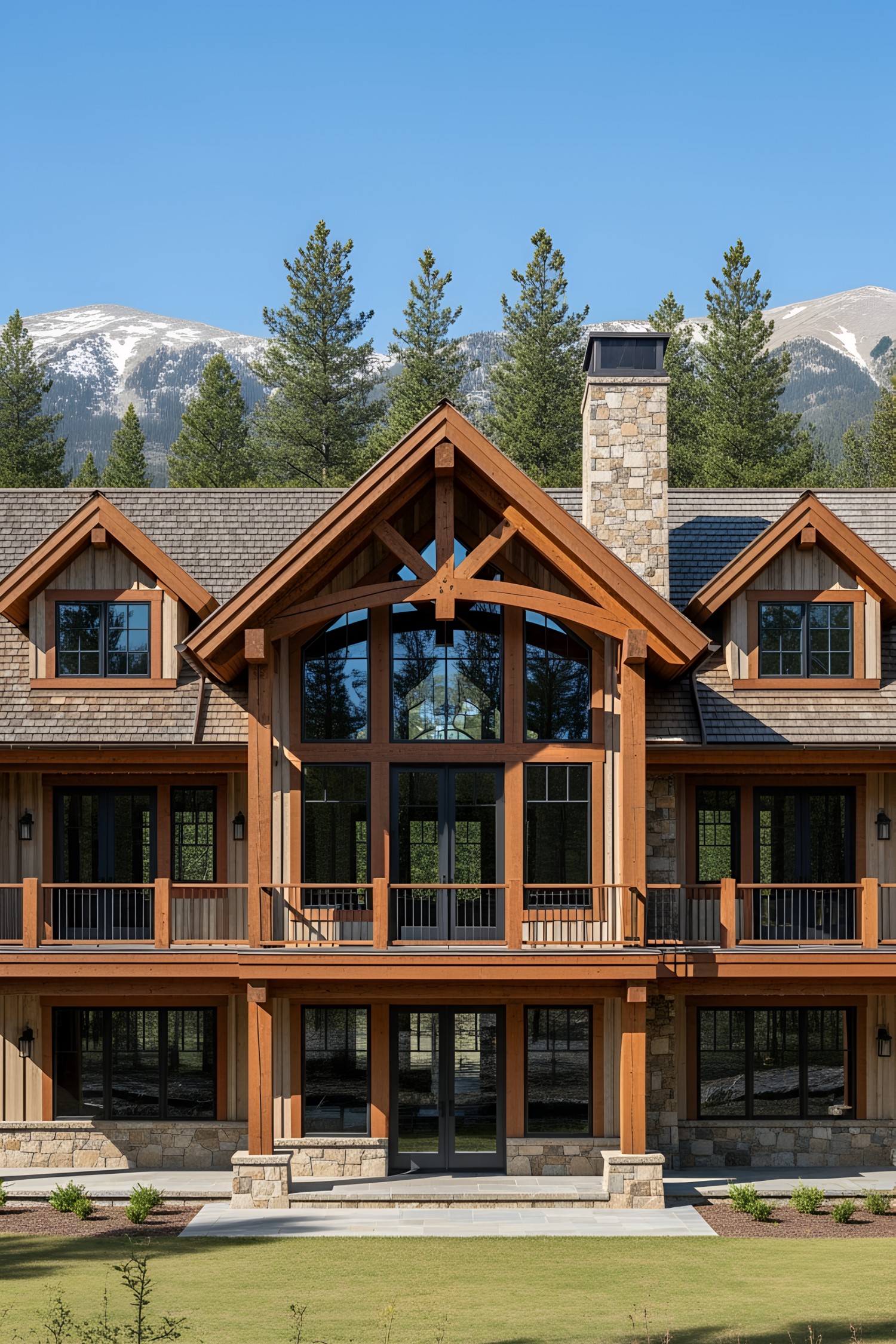 Elegant lodge boasting a grand stone façade with a timber finish