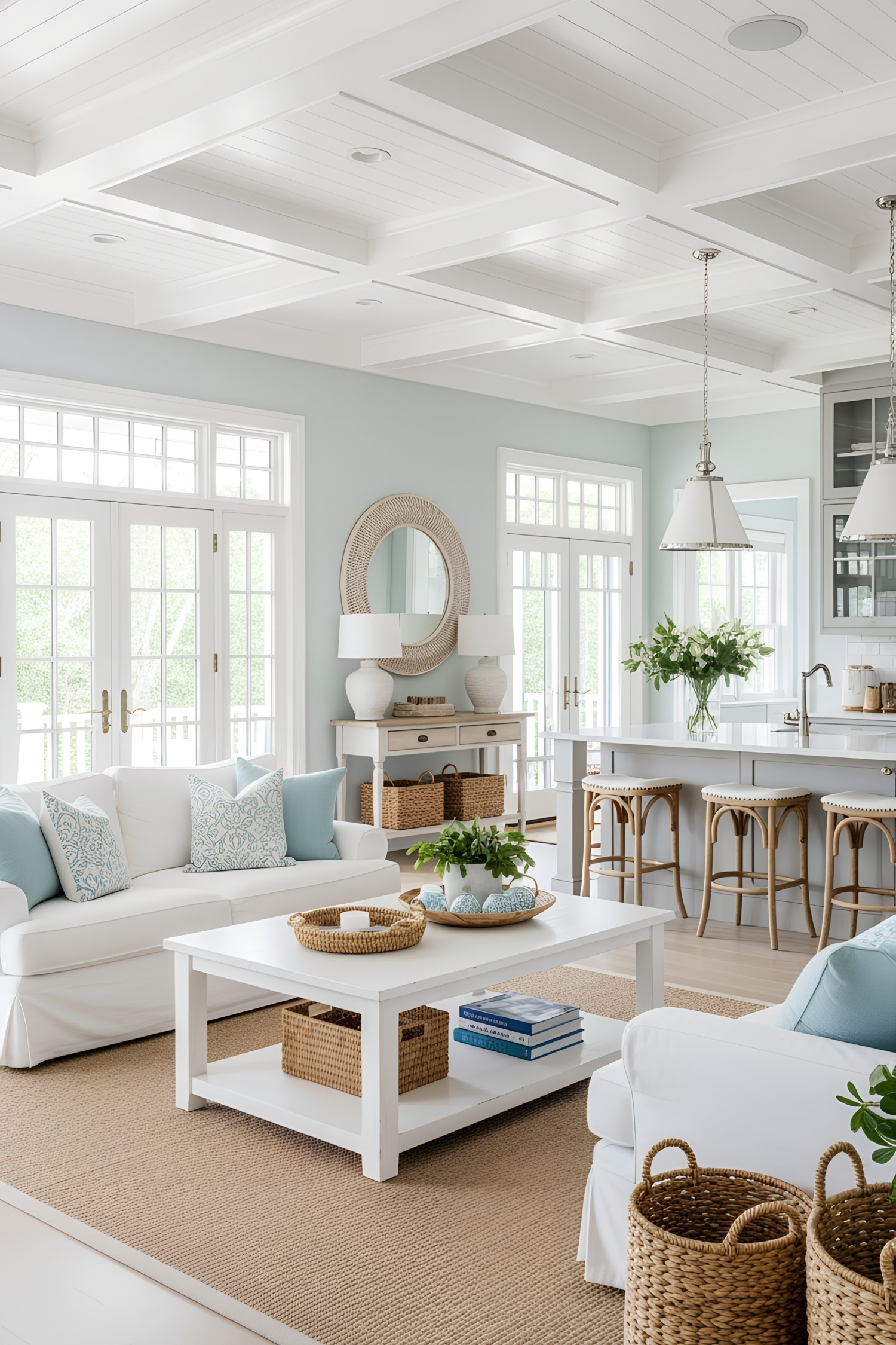 Bright and airy beach house living room with light blue accents and natural textures