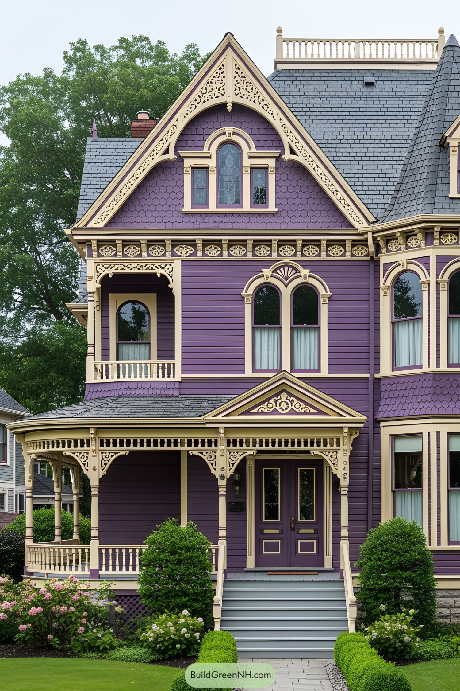 Victorian house with purple siding and intricate trim