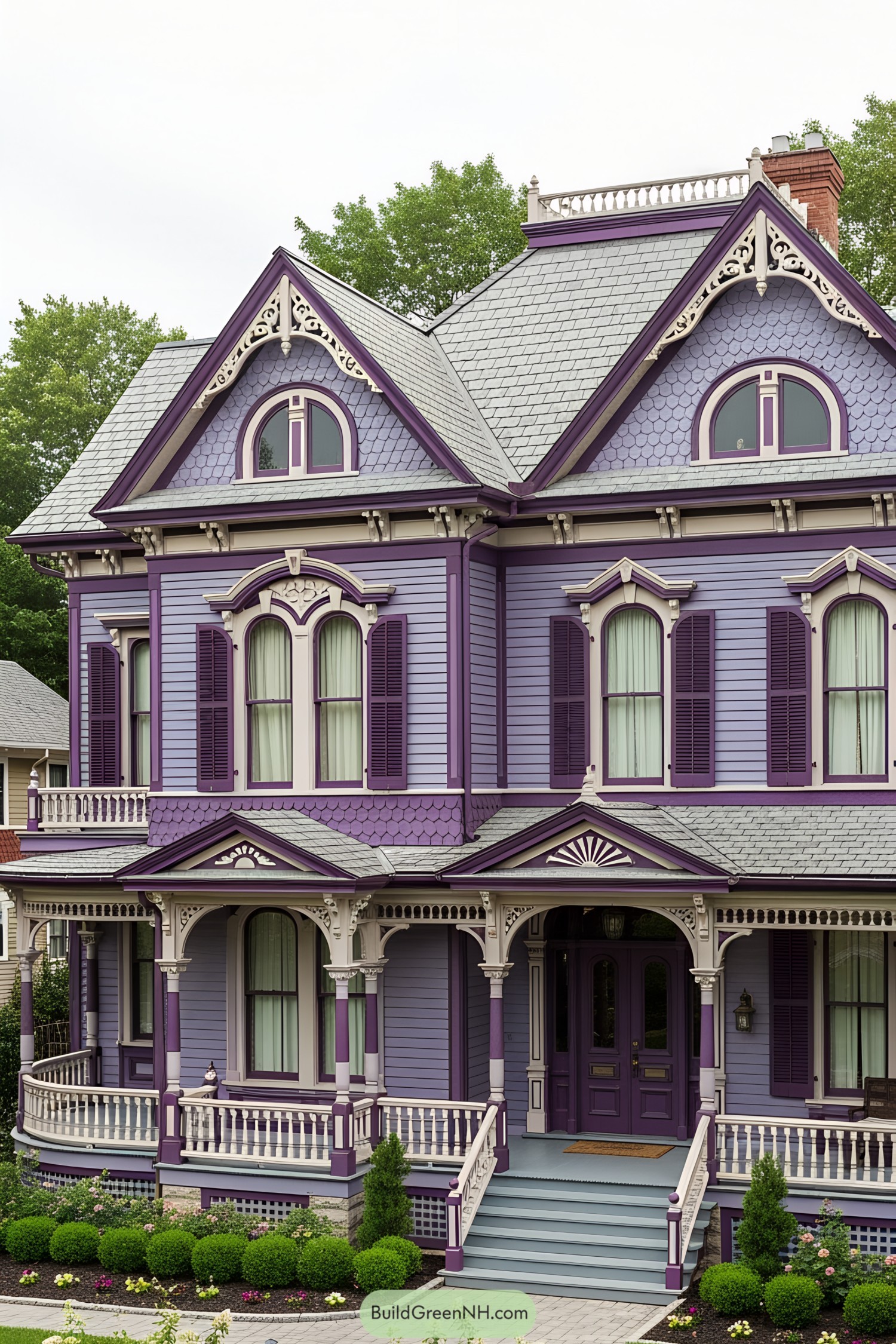 Charming purple Victorian house with ornate details