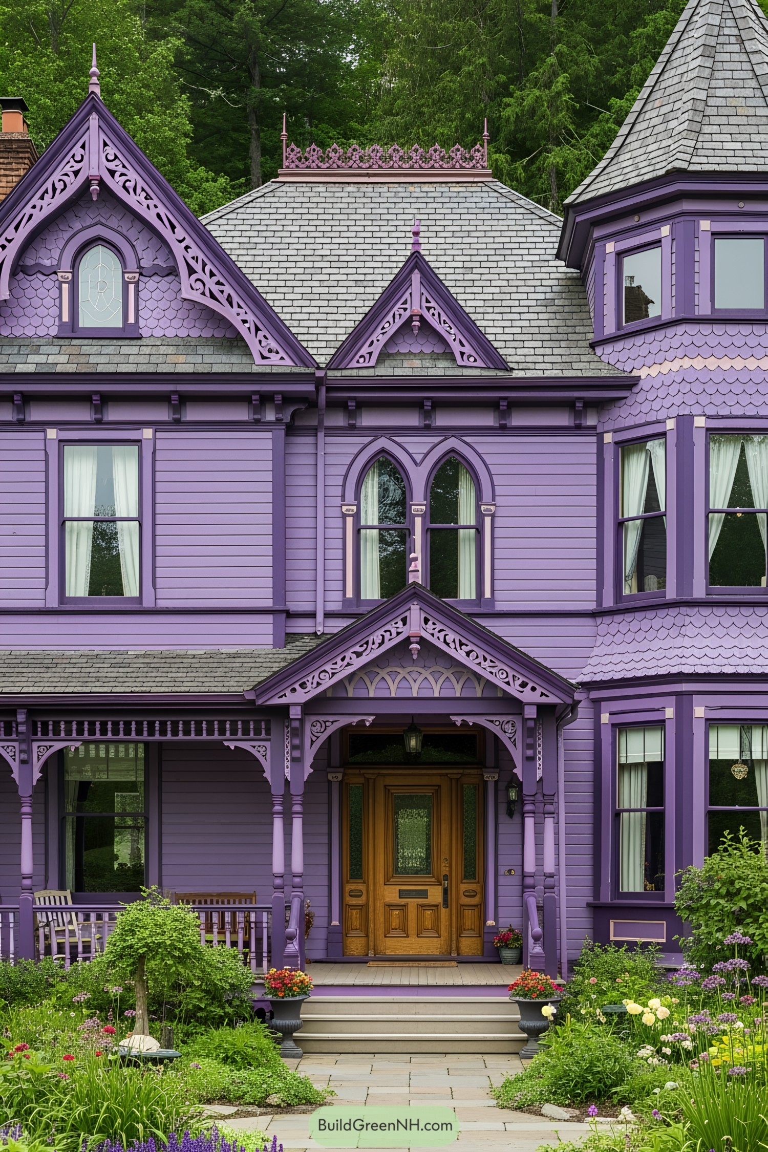 Victorian house painted purple with ornate details and turret