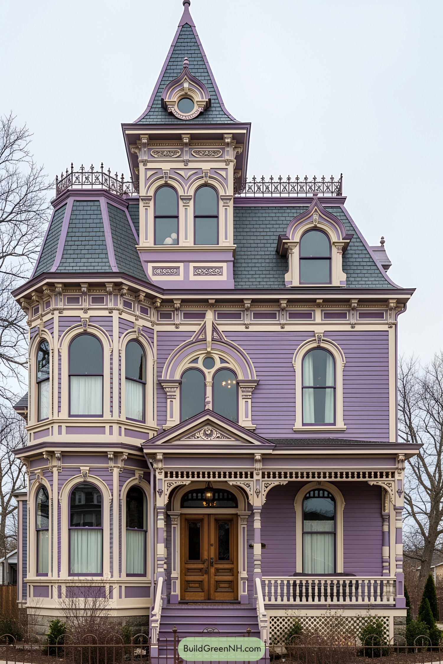 Elegant Victorian house with purple hues and intricate details