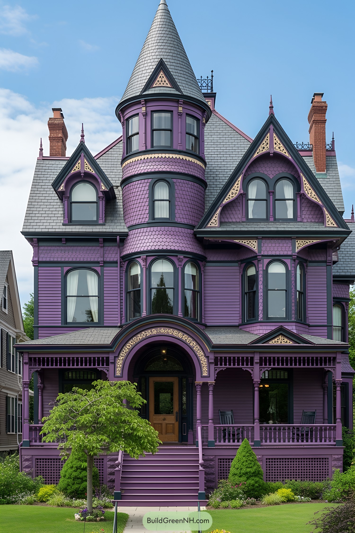Purple Victorian house with ornate details and a tall turret