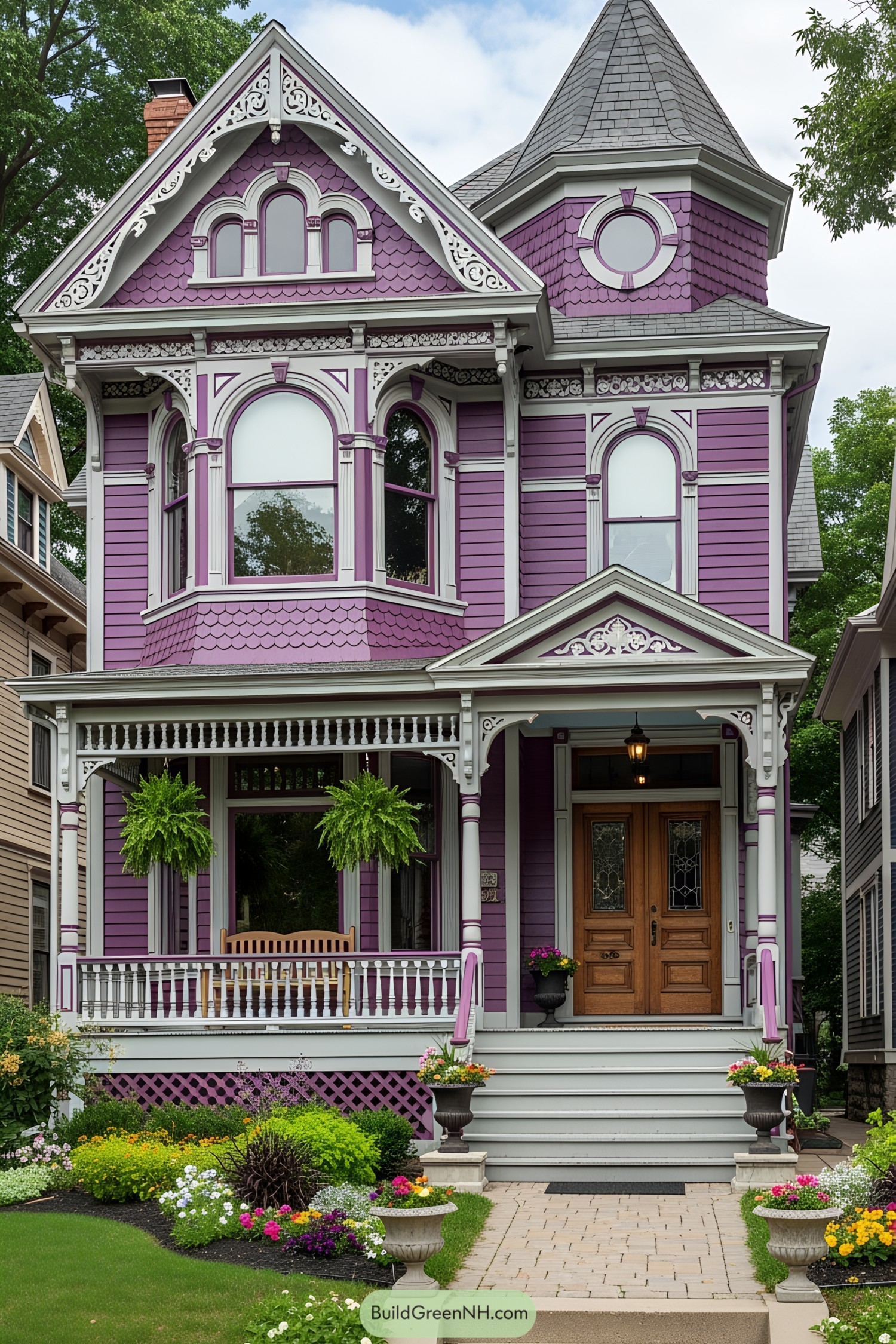 Charming purple Victorian house with a lush garden