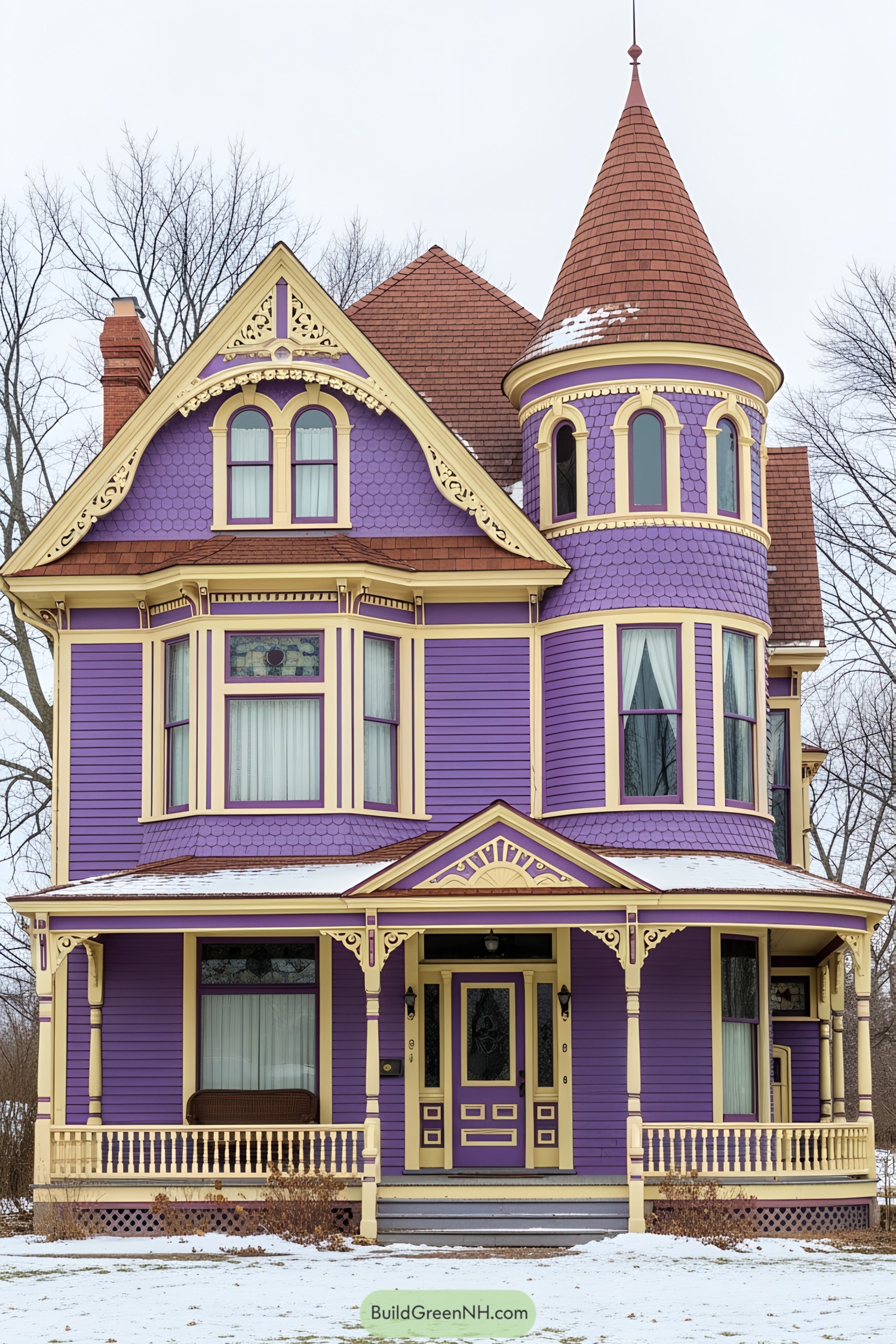 Ornate purple Victorian house with a turret and intricate details