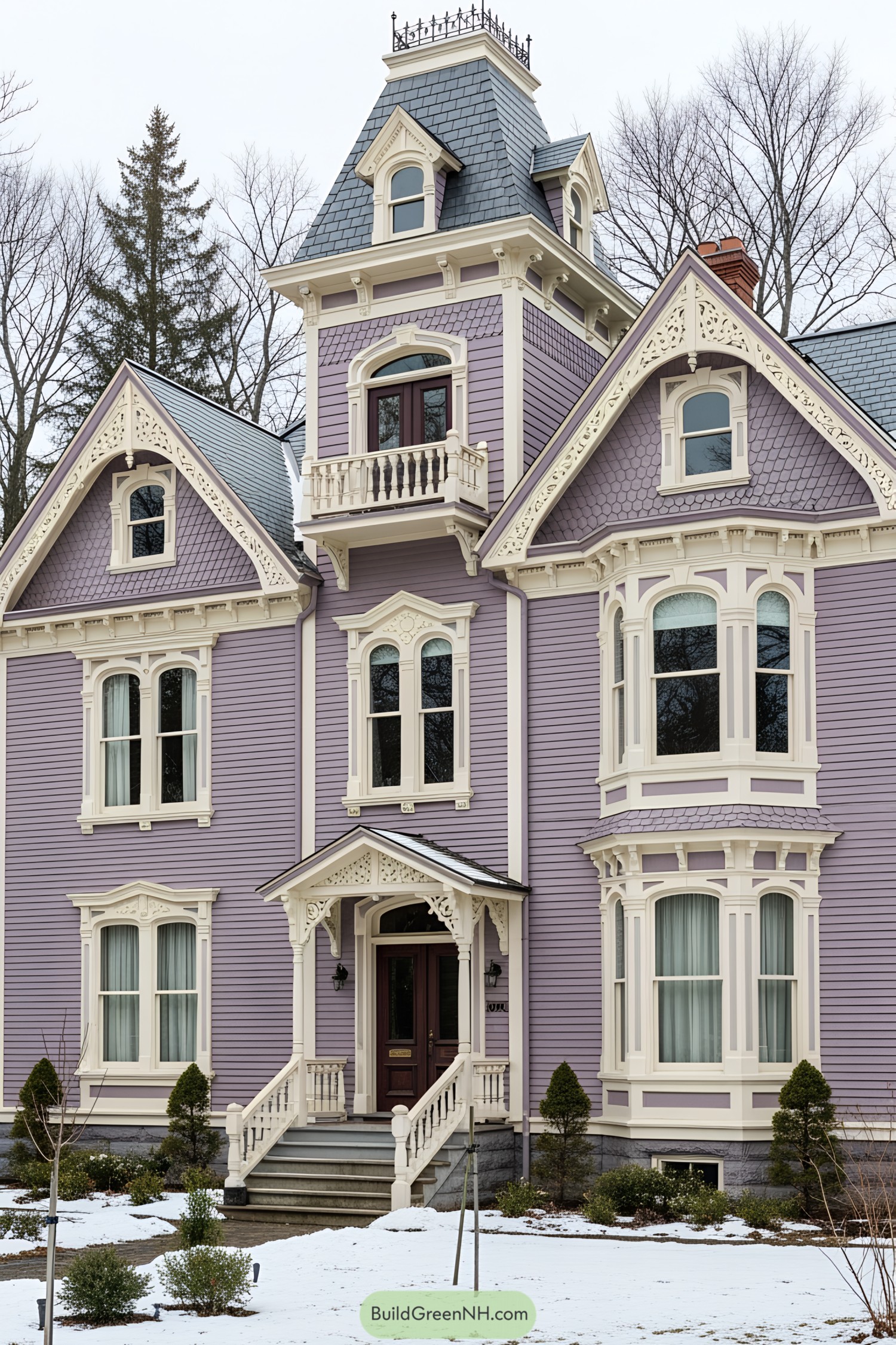 Elegant purple Victorian house with ornate details