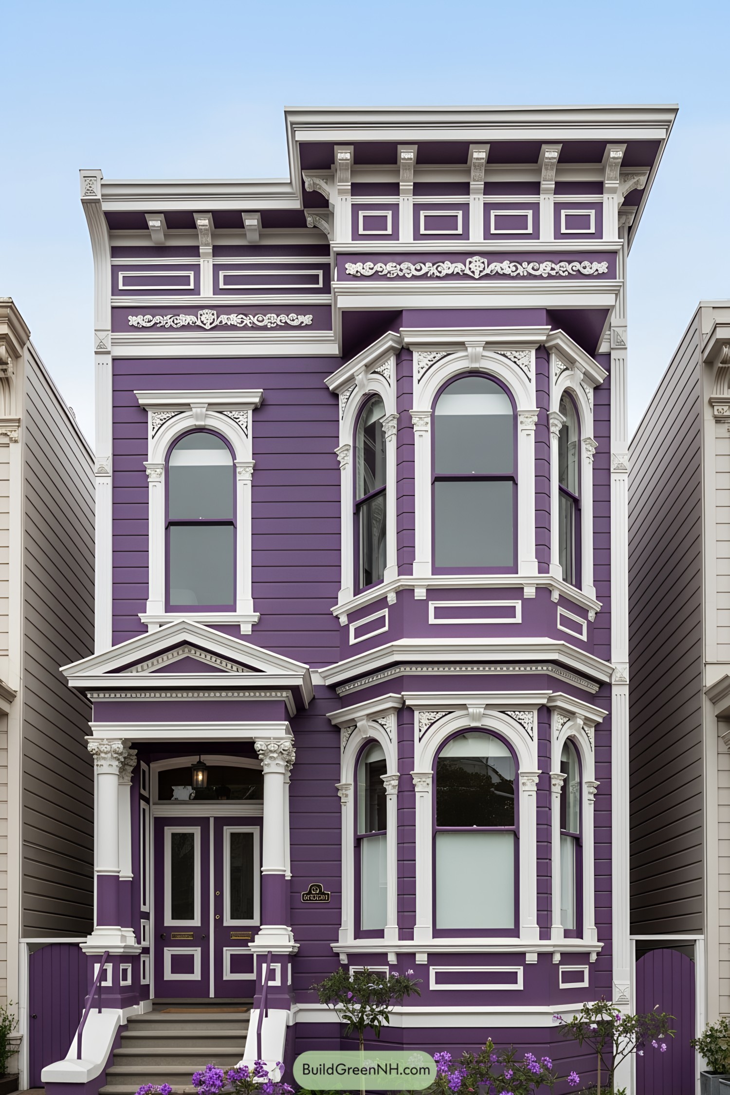 Stylish purple Victorian house with ornate details