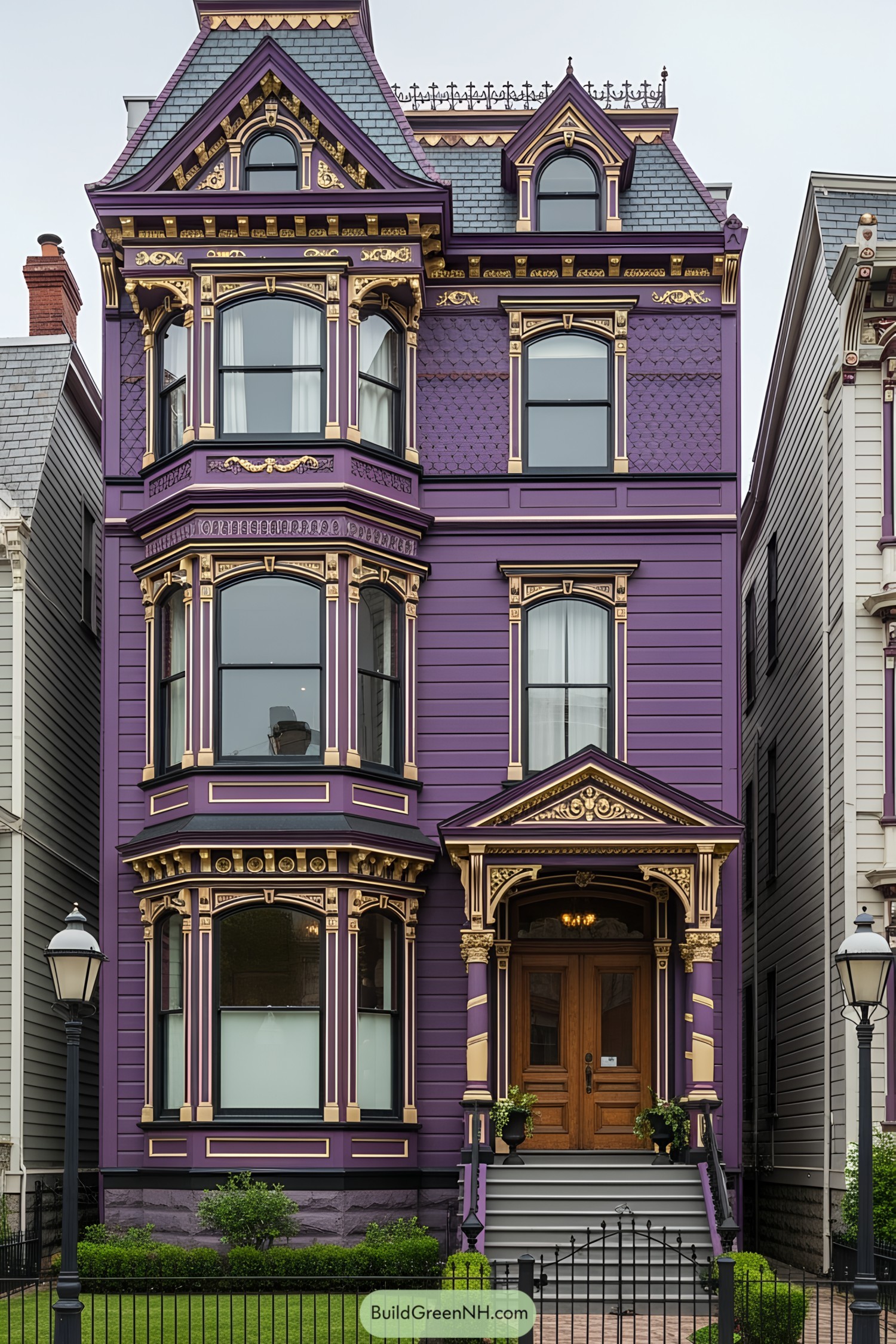 Grand purple Victorian house with ornate detailing