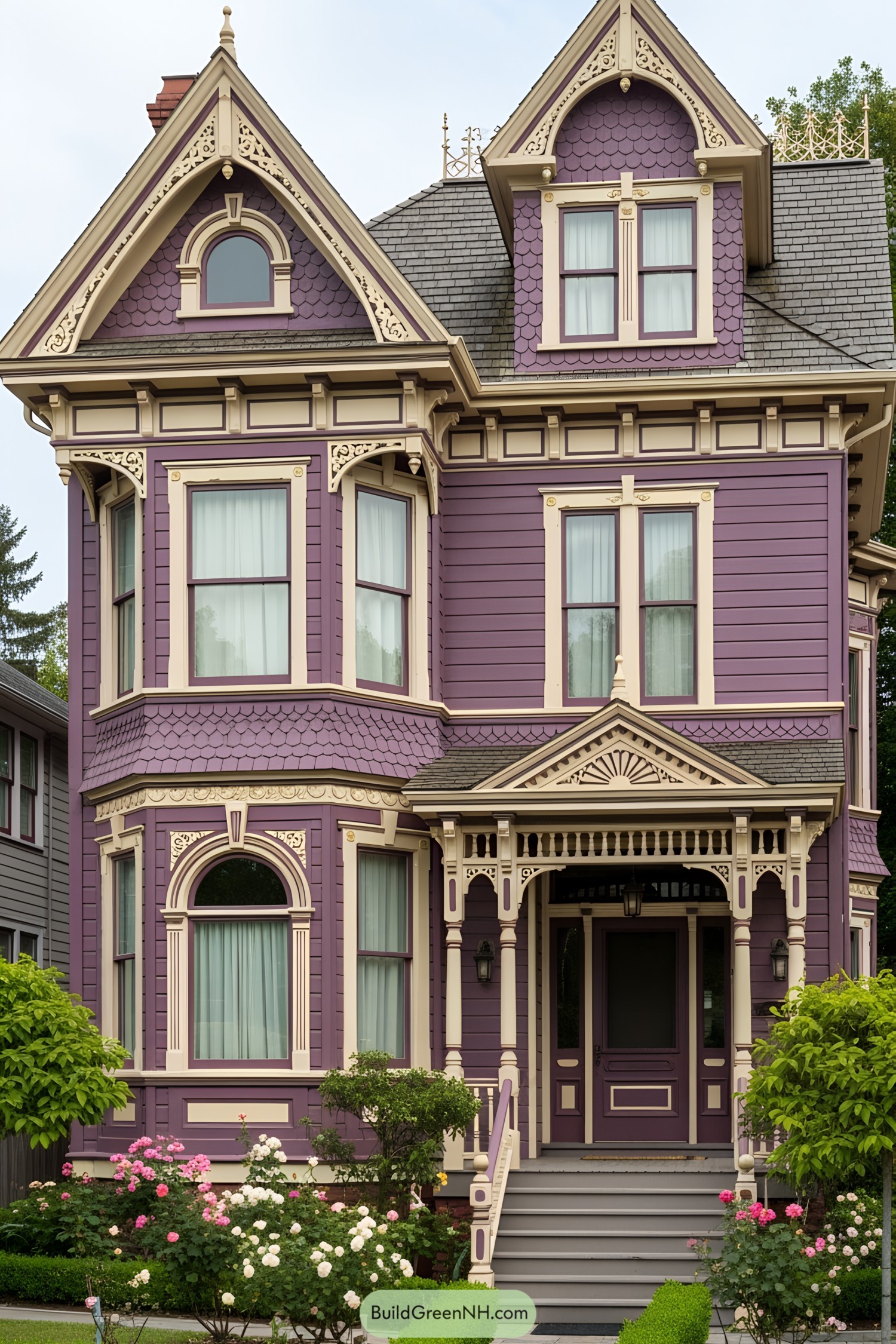 Purple Victorian house with ornate trim and bay windows
