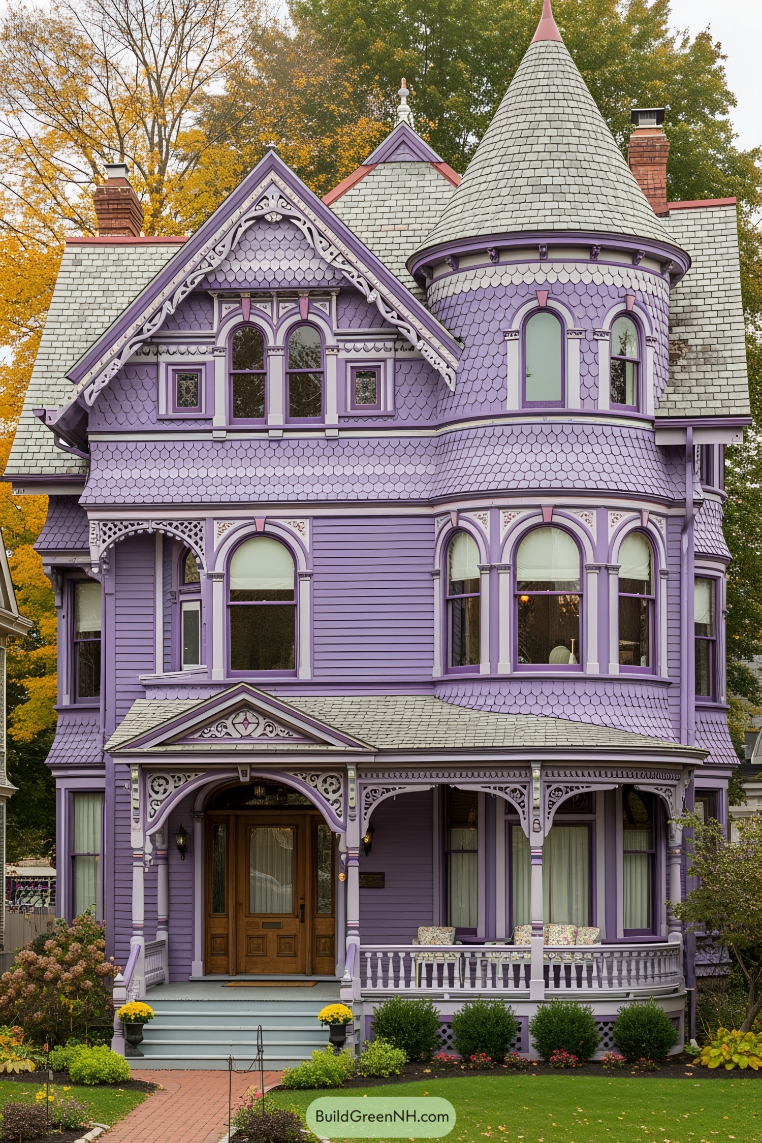 Victorian house painted in shades of purple with intricate trim detail