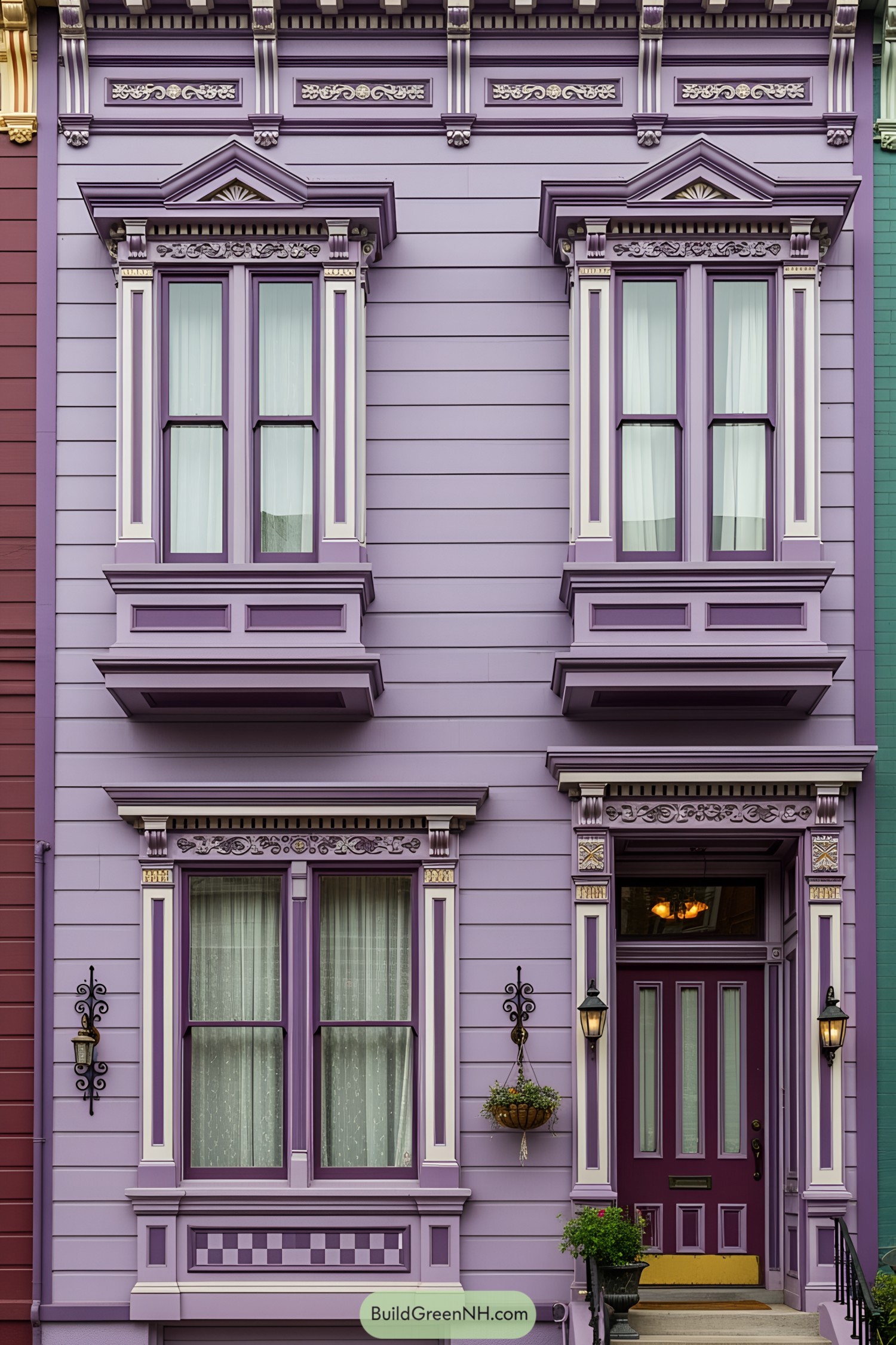 A Victorian house adorned in vibrant purple hues