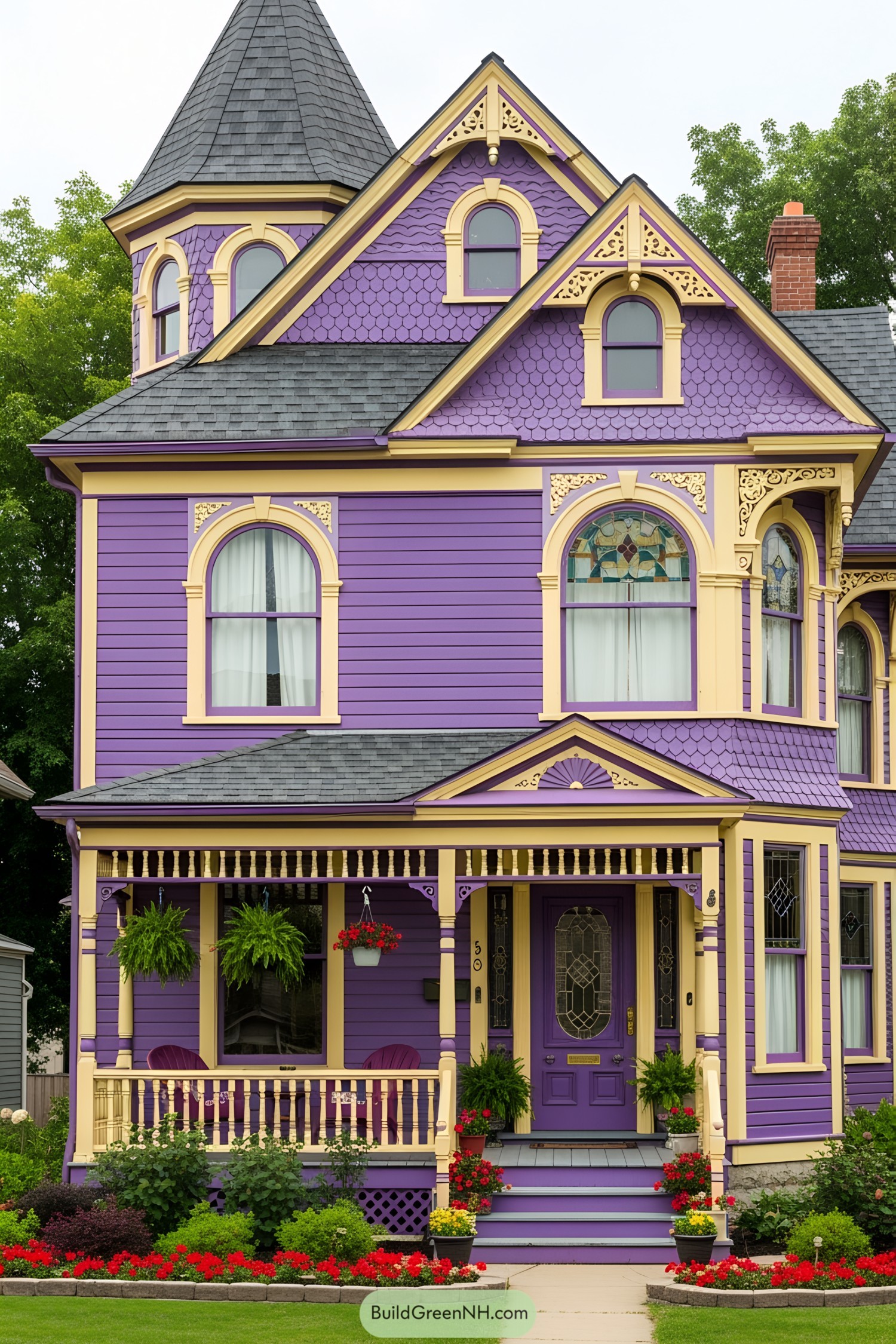 A vibrant purple Victorian house with ornate details