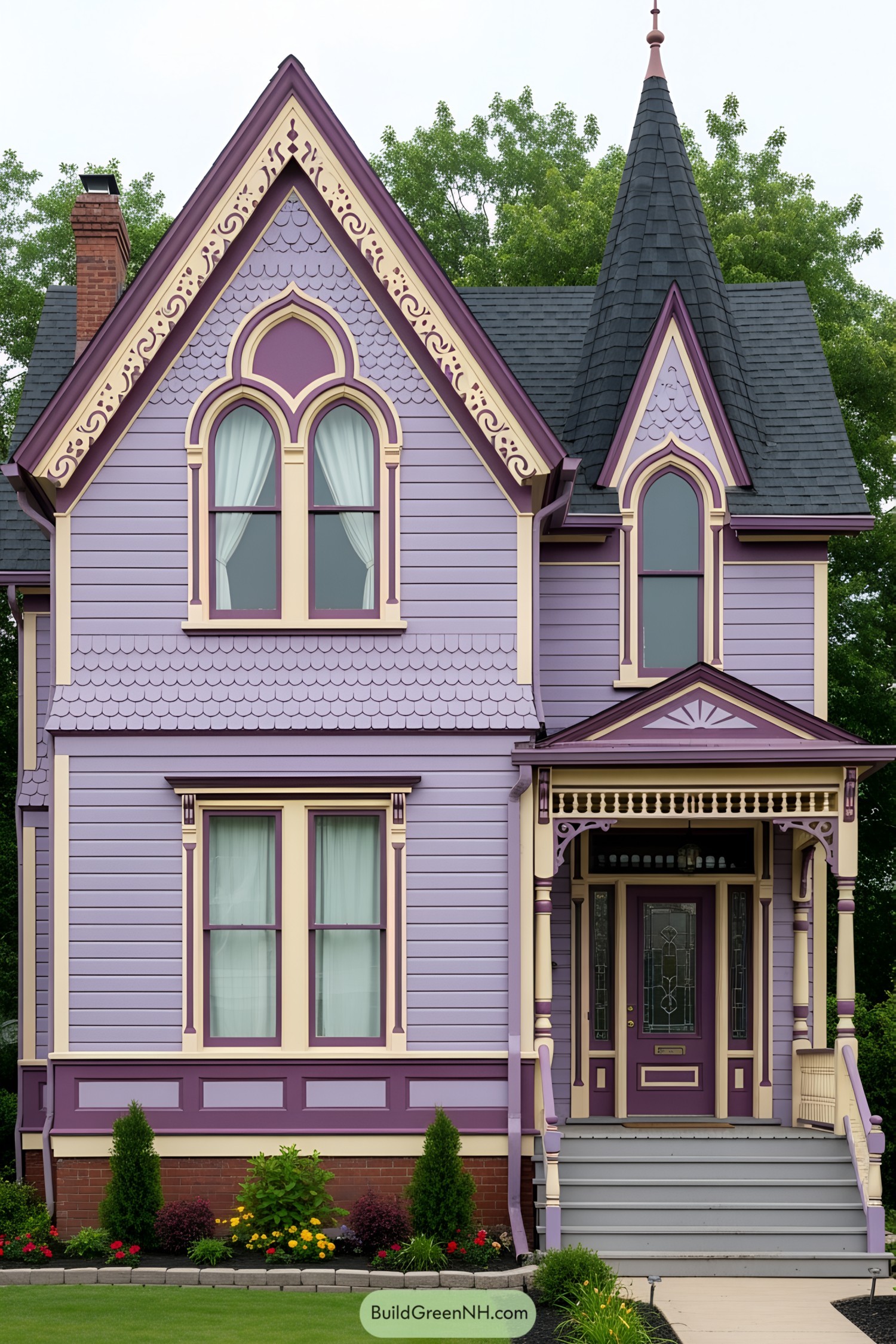 A stunning purple Victorian house with ornate details and landscaped garden