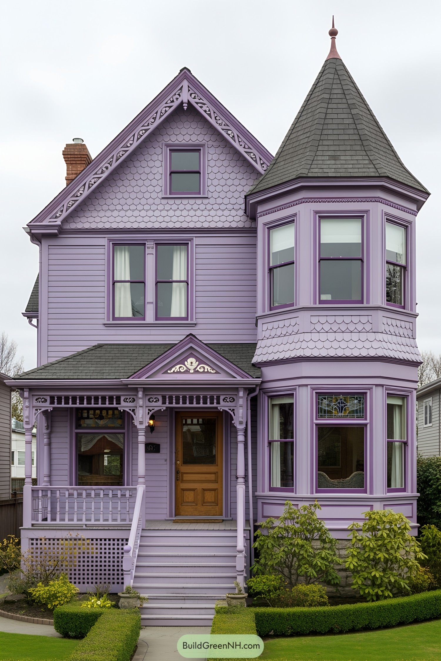 Victorian-style house painted in lavender with a turret and intricate trim