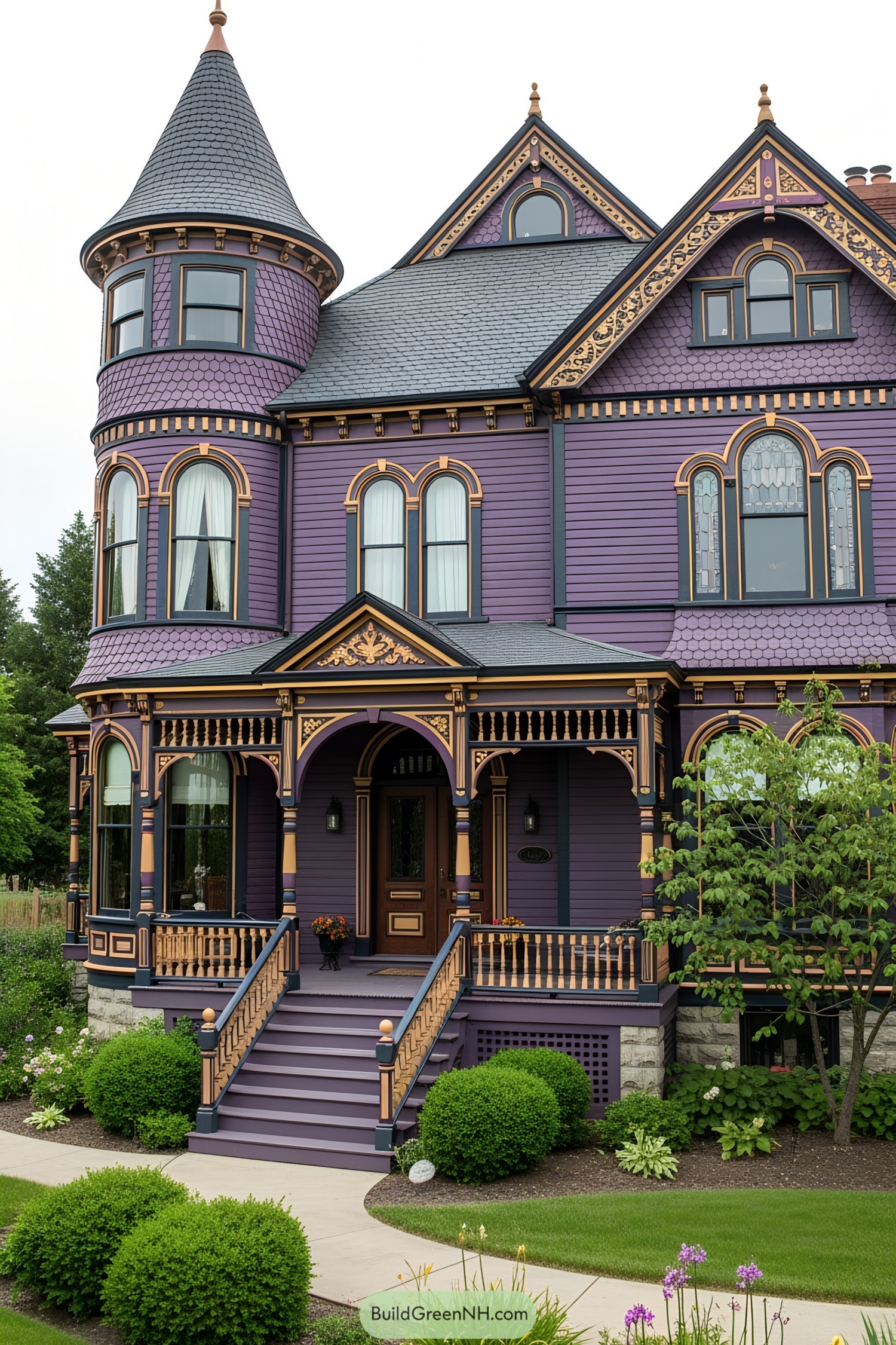 A grand Victorian house painted in rich shades of purple with ornate details