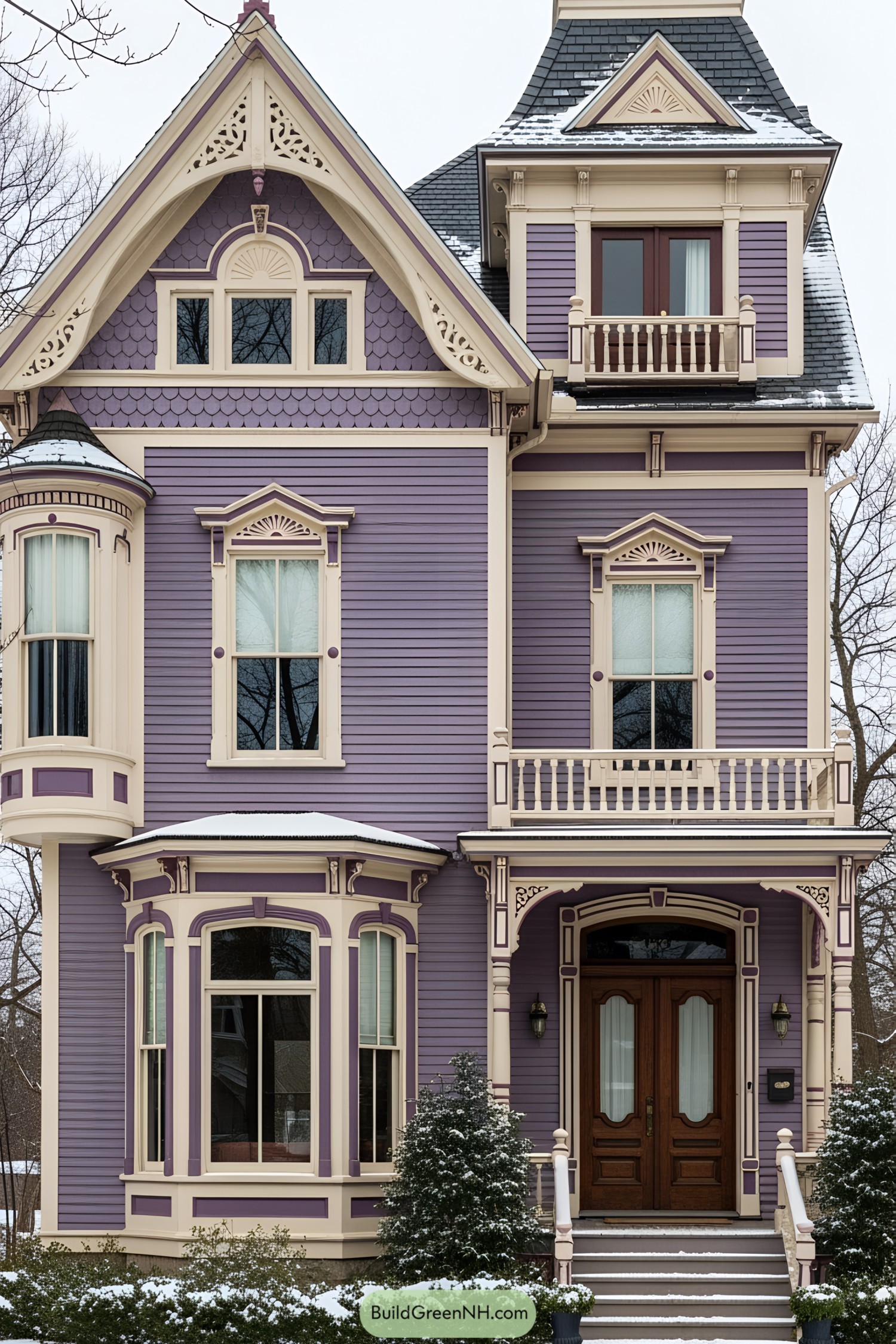 A purple Victorian house with intricate details