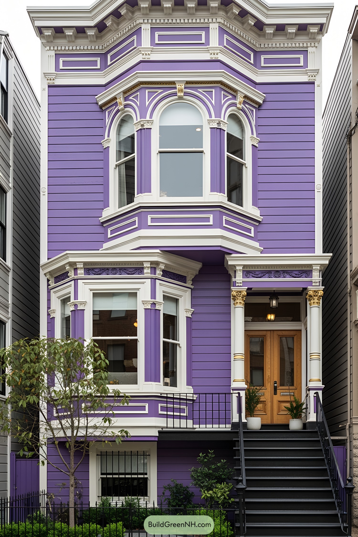 A vibrant purple Victorian house with ornate detailing