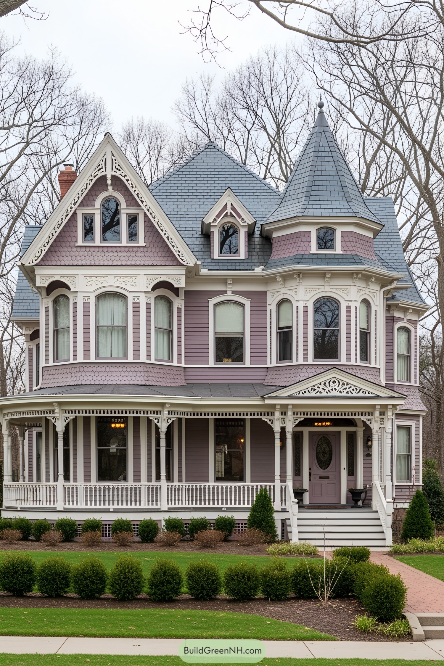 Charming purple Victorian house with detailed woodwork