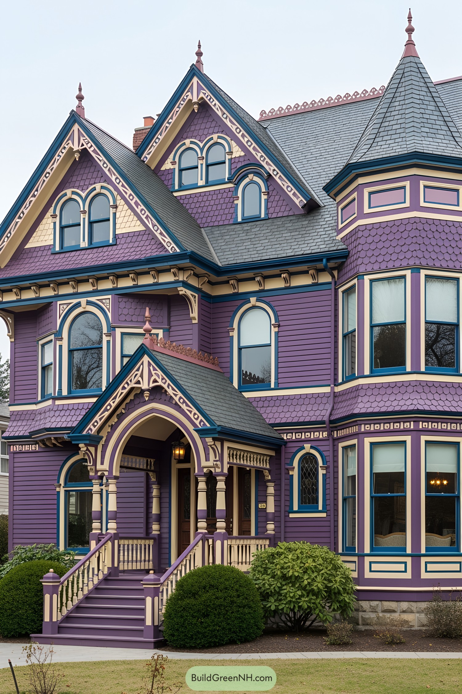 Charming purple Victorian house with intricate details