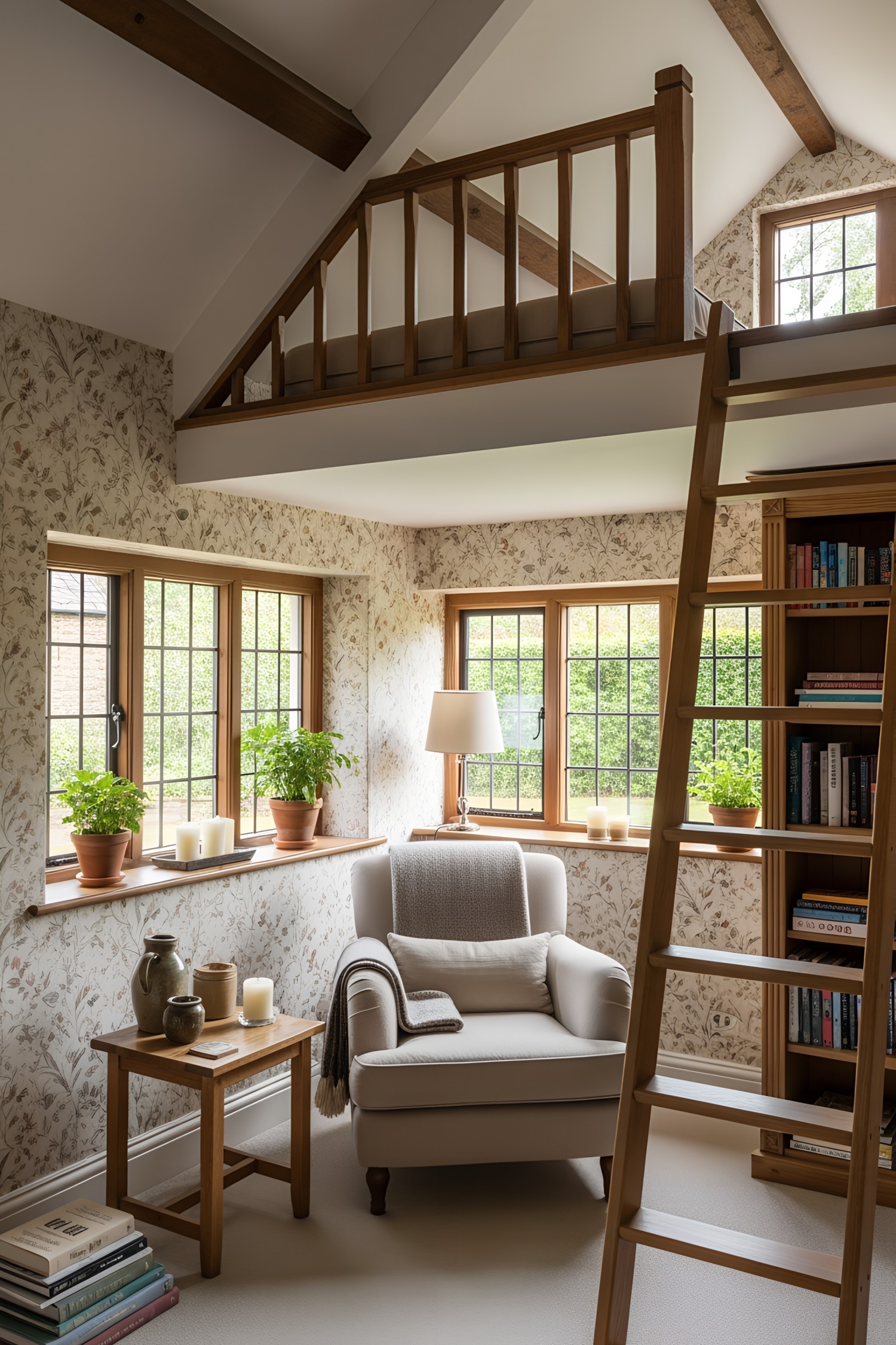 Cozy reading nook in a British cottage with a loft