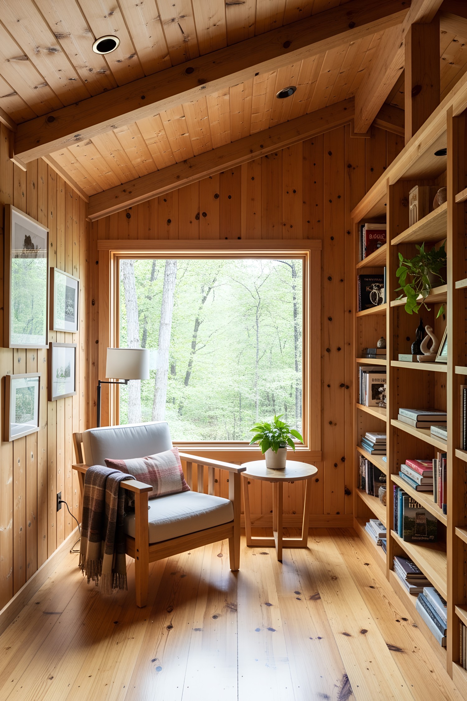 Cozy reading nook with a view of the woods