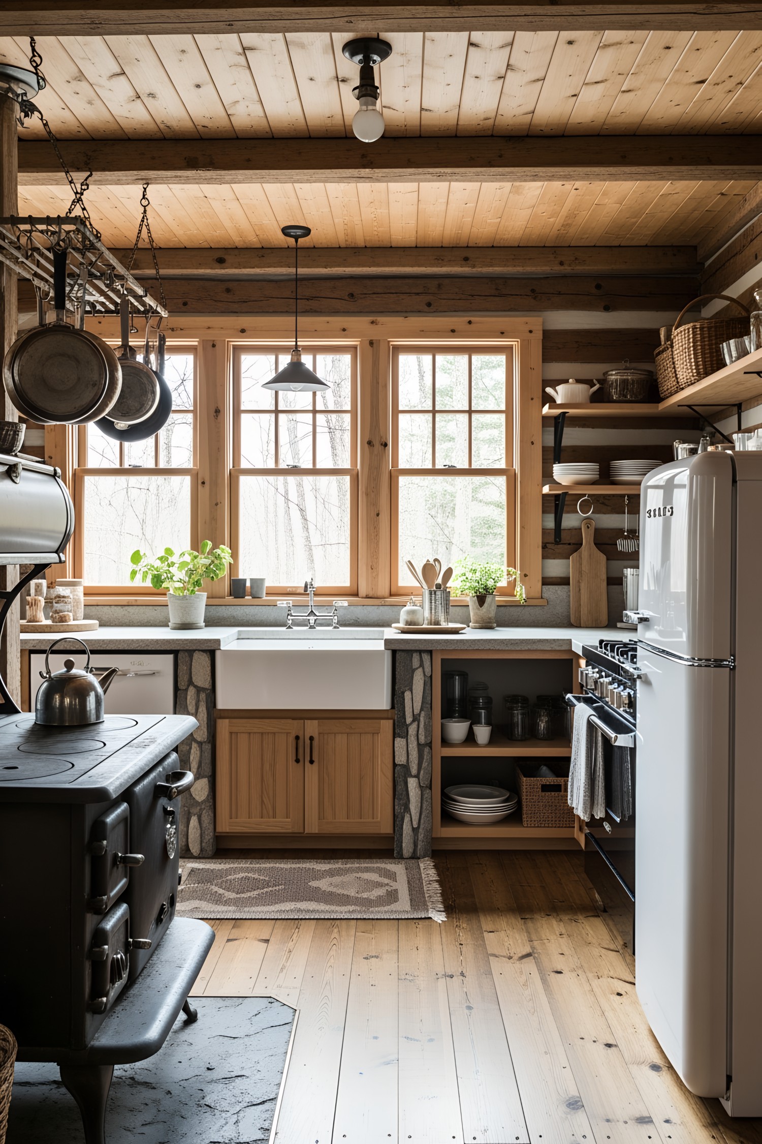 Cozy kitchen with wood beams, hanging pans, and bright windows
