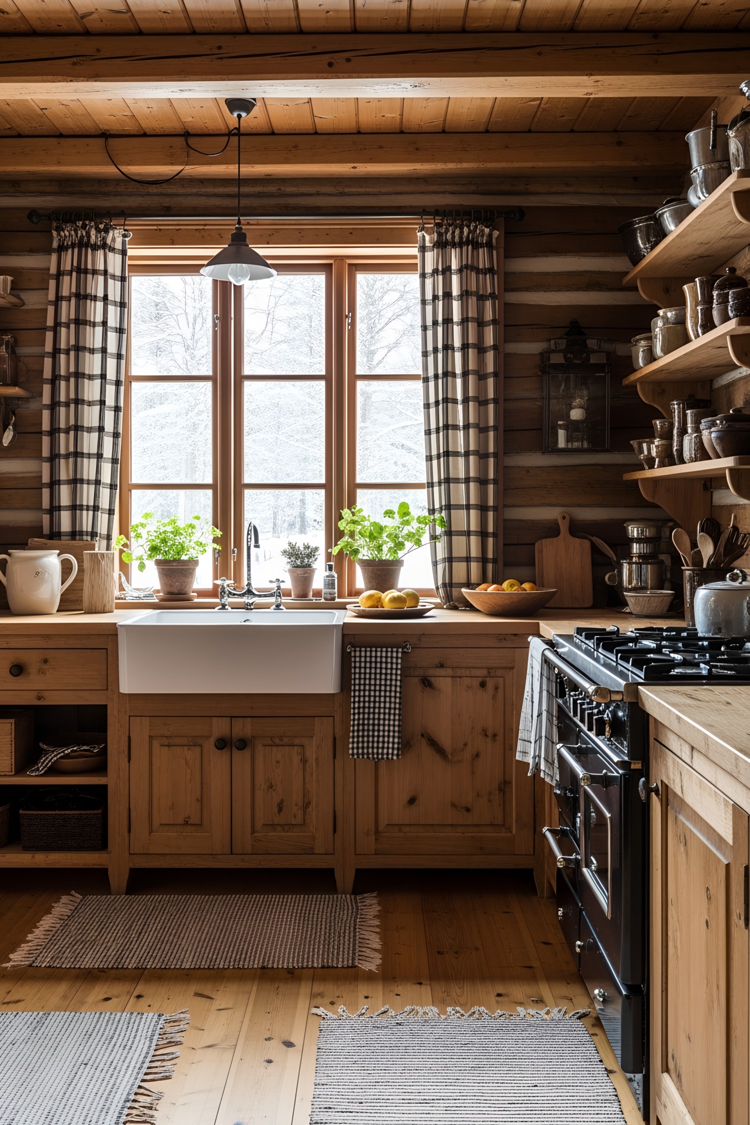 A charming log cabin kitchen with wooden cabinets and plants by the window