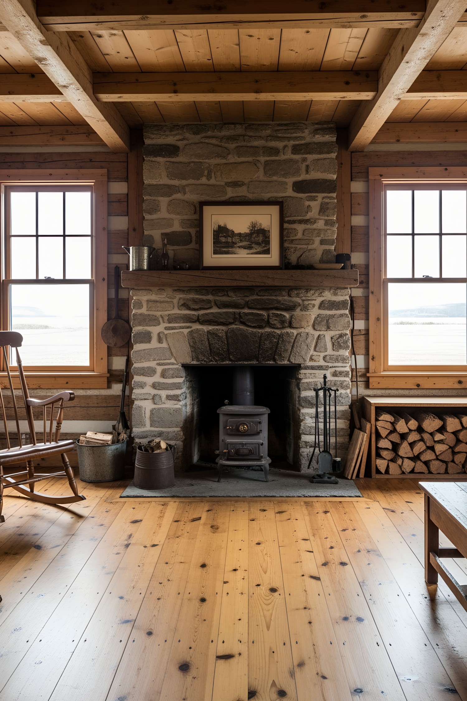 Warm and inviting log cabin interior with a stone fireplace