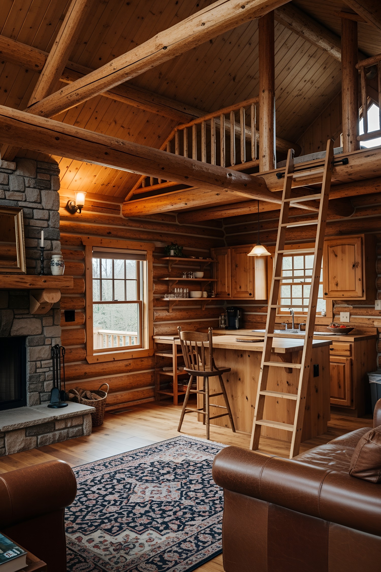 Warm log cabin interior with stone fireplace and wooden loft