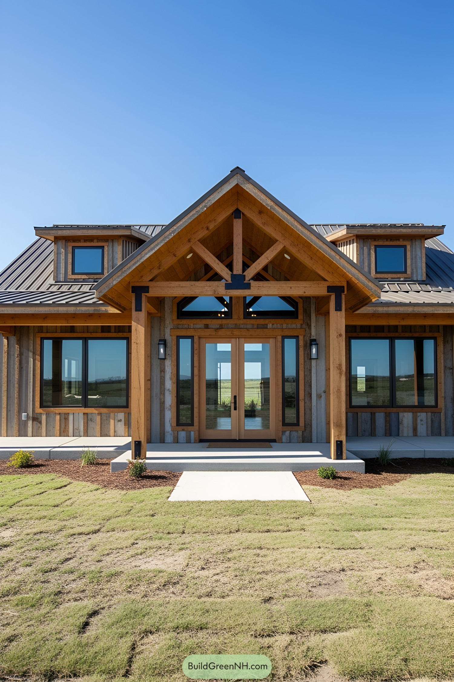 Rustic ranch house with wooden beams and large windows